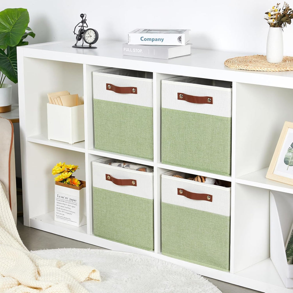 DULLEMELO Fabric Storage Cubes, 12x12 Storage Cube Bins for Organizing, Foldable Storage Baskets Square Cloth Bins for Cube Storage, Cube Organizer for Storage,White&Green
