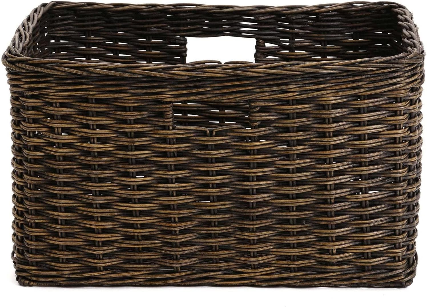 The Basket Lady Tall Rectangular Wicker Storage Basket, Large, 22.5 in L x 16 in W x 12.5 in H, Antique Walnut Brown