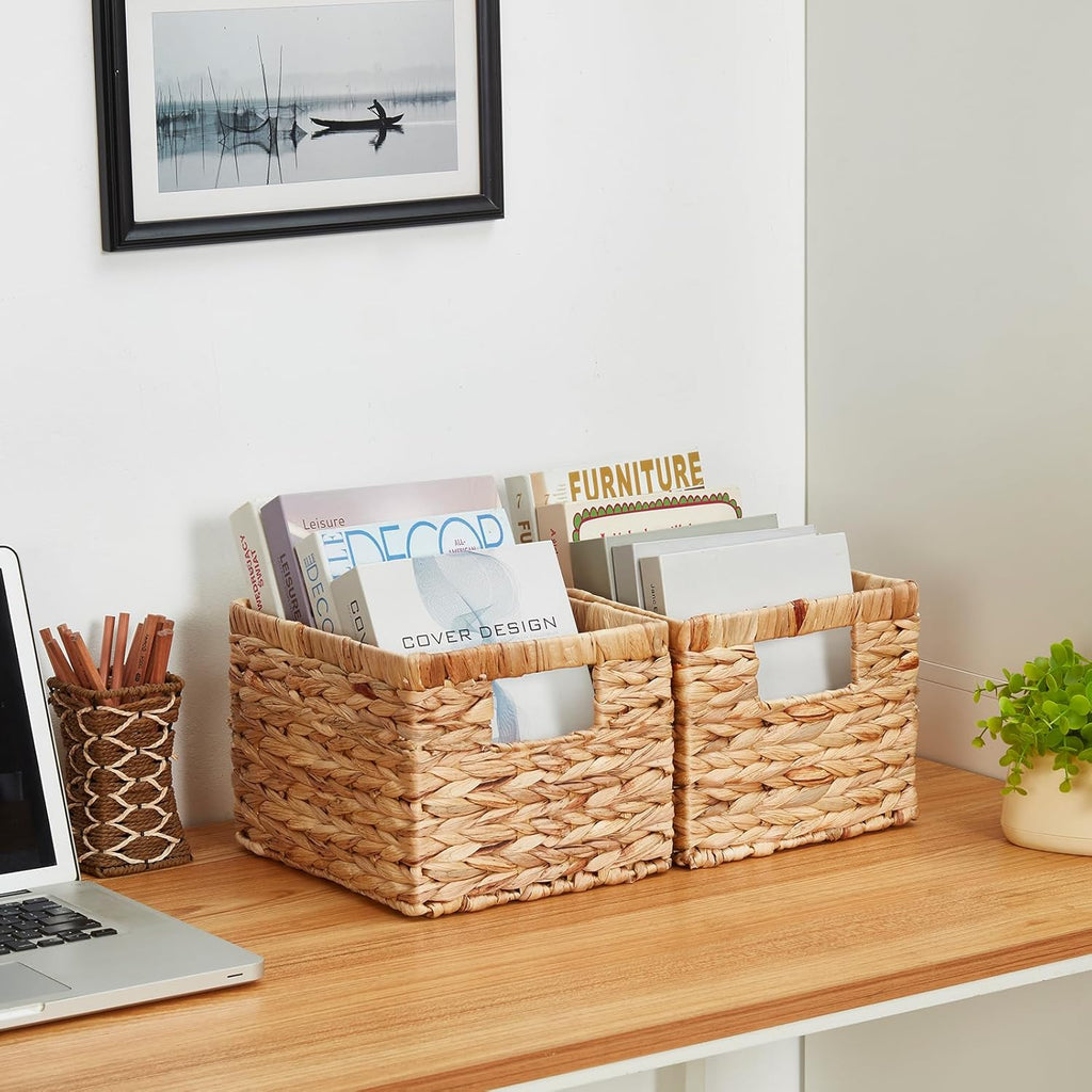 Water Hyacinth Wicker Basket, Decorative Woven Baskets with Built-in Handles, Hand-woven Storage Organizer for Organizing Pantry, Livingroom, Bedroom, Shelves, Toilet(2-PACK, Natural)