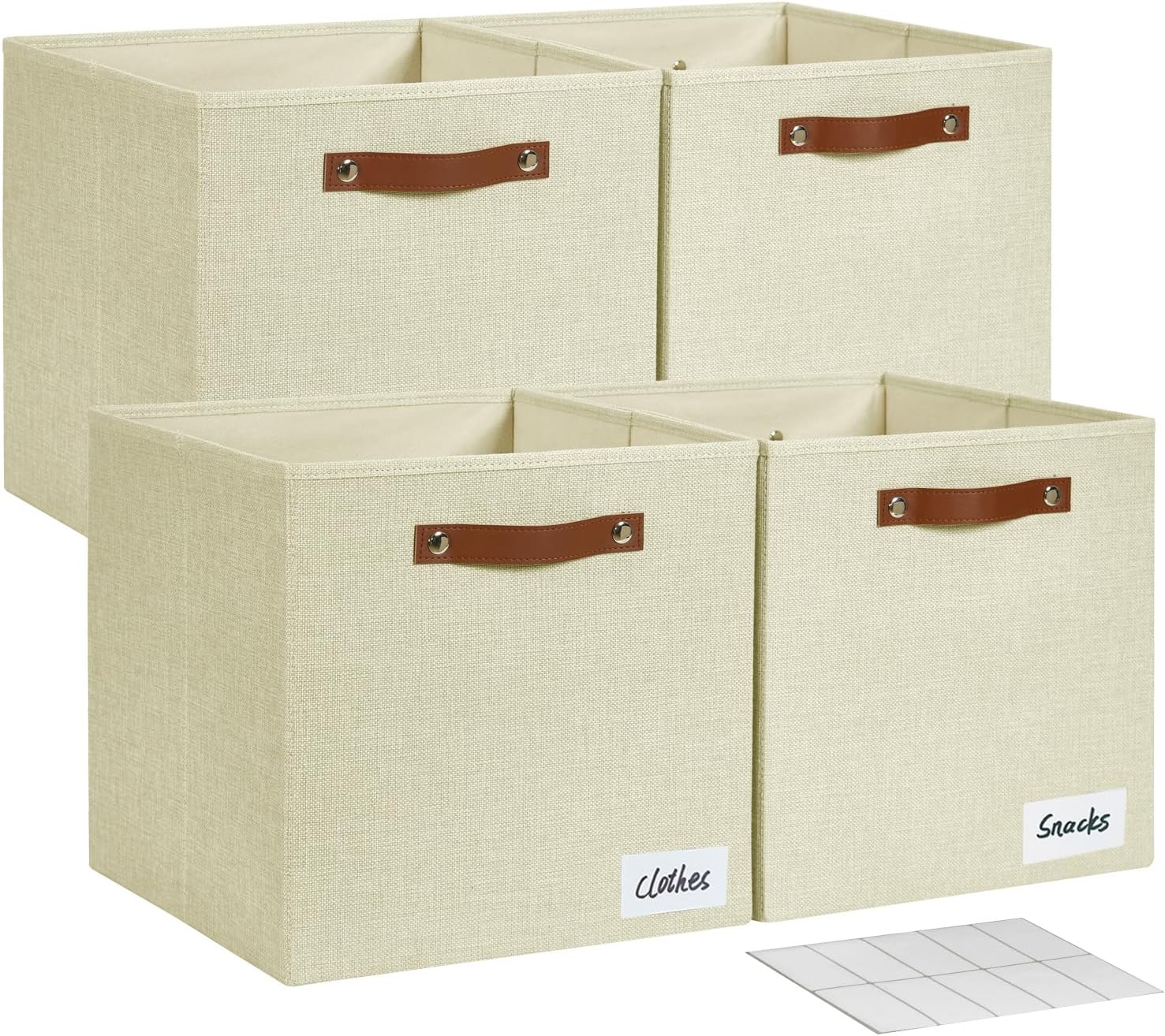 Collapsible Fabric Storage Cube Bins with 2 Reinforced PU Handles, Foldable Storage Organizer Baskets for Closet, Shelves, Living Room | 13"x13"x13", 4 Pack, Full Beige