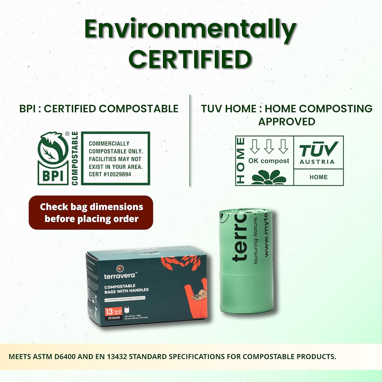 Compostable Trash Bags Bin Liners | BPI & OK Home Certified ASTM D6400 Standards | Heavy Duty Kitchen & Yard Waste Bags (13 Gallon Flat Top, 50 Count)