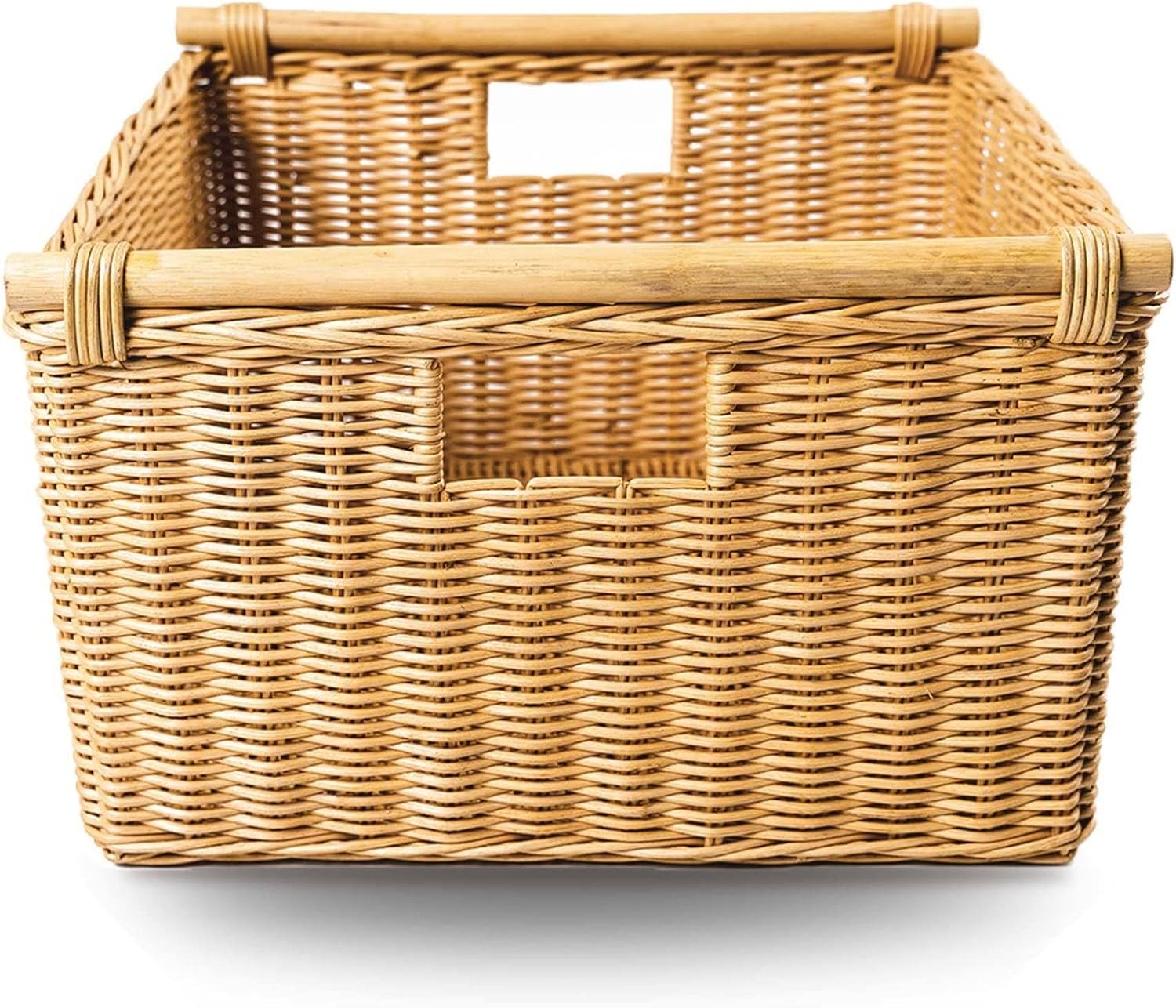 The Basket Lady Deep Pole Handle Wicker Storage Basket, Large, 15 in L x 15.5 in W x 9.5 in H, Sandstone
