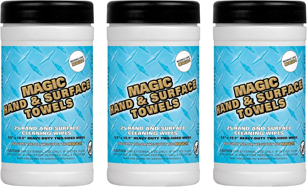 Magic Heavy Duty Cleaning Wipes - Dual Sided Hand & Surface Shop Towels | Professional-grade Cleaning | Waterless | Moisturizing | Cleans Grease, Oil, Dirt, & more (3 Pack | 75 Sheets Total)