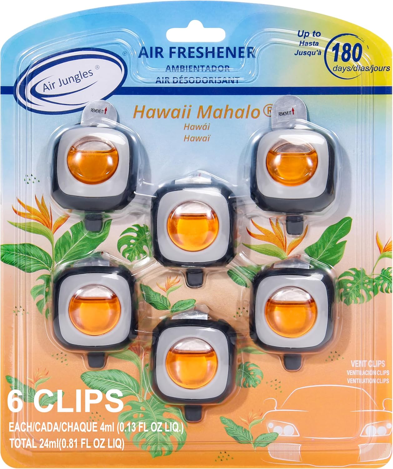 Air Jungles Hawaiian Scent Car Air Freshener Clip, 6 Vent Clips, 4 ml Each, Long Lasting Air Freshener, Up to 180 Days Car Refresher Odor Eliminator