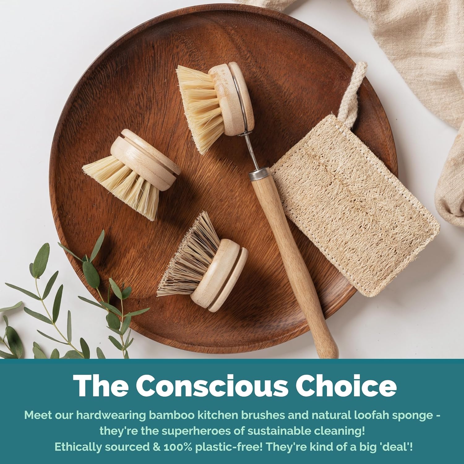 Jungle Culture 4 Piece Bamboo Dish Brush Set for Washing Up • Long Lasting Wooden Dish Brush with 3 Replacement Heads & Loofah Sponge Scourer • Eco Friendly Wooden Scrub Brush for Pots, Pans & Dishes