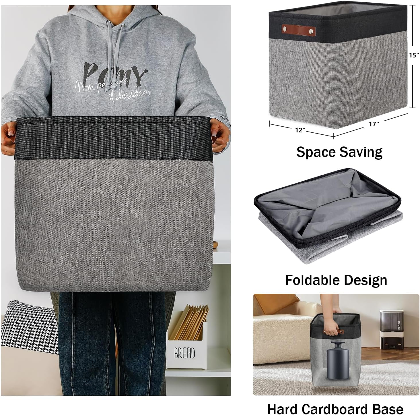 DULLEMELO Extra Large Storage Baskets, Fabric Storage Bins for Organizing Shelves Nursery Toys Books, Closet Baskets and Bins with Handles, Black&Grey, 2-Pack