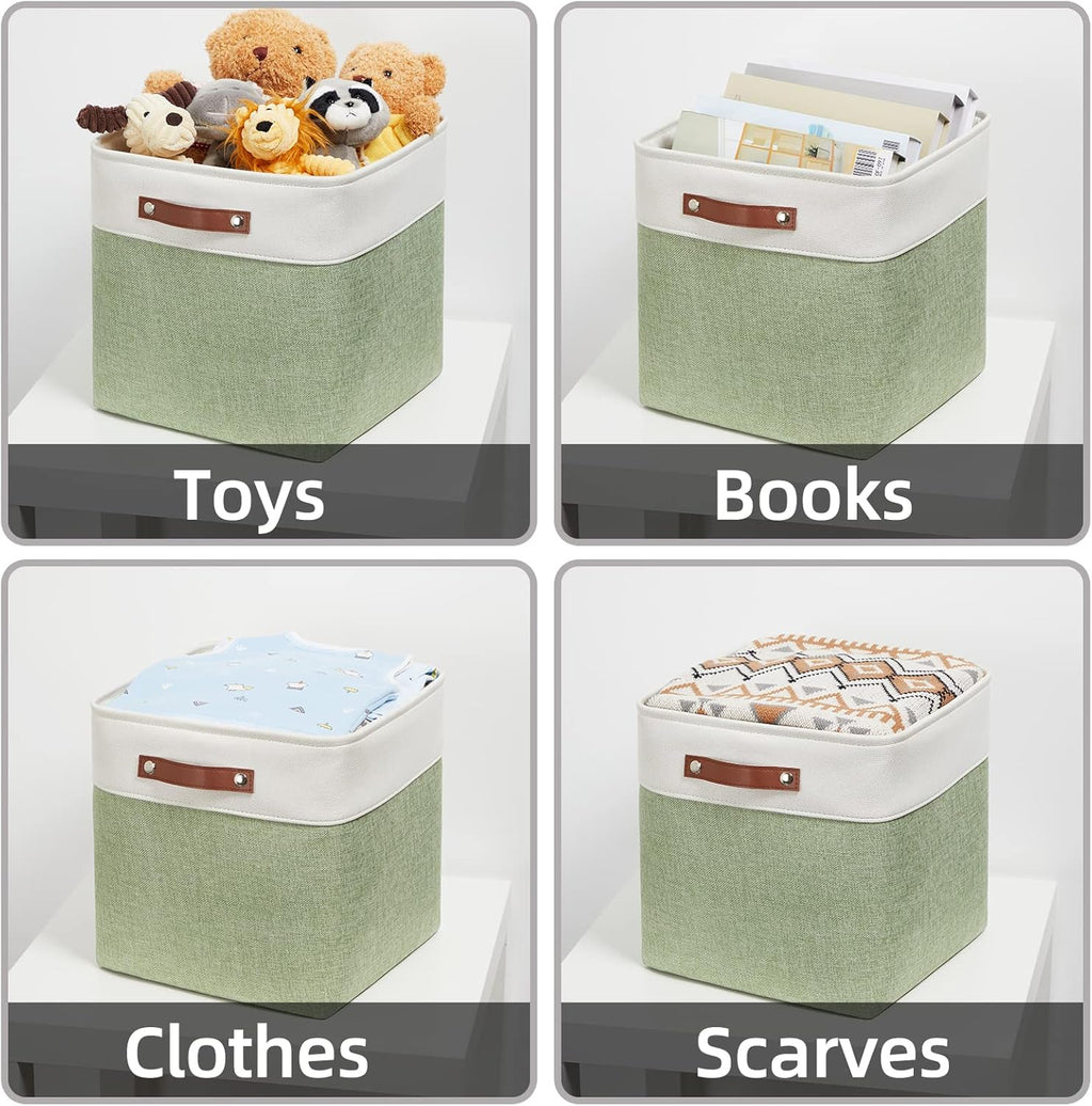HNZIGE Foldable Storage Cubes & Baskets (3 Pack) - 13 Inch Storage Bin with Leather Handles for Toys, Clothes, Kids (White & Green)