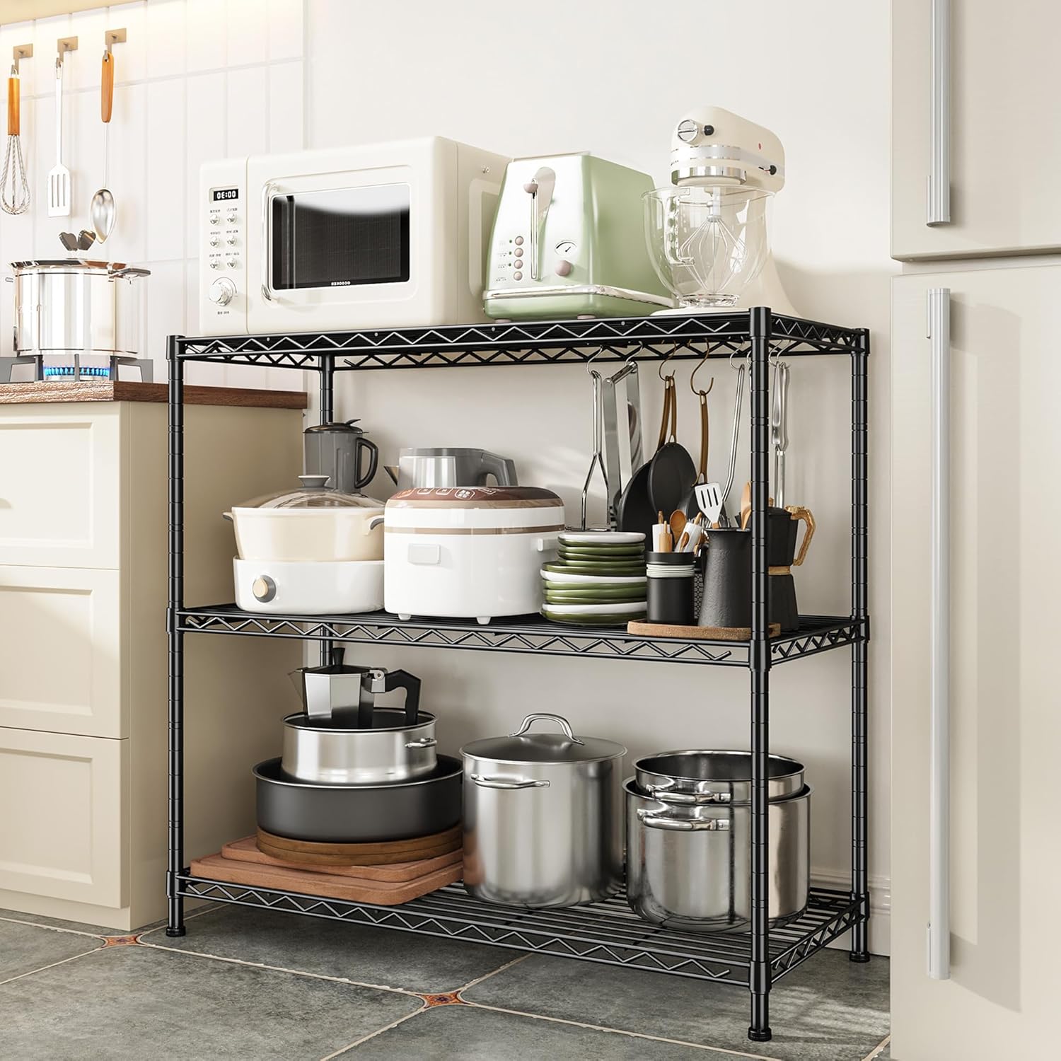3- Shelf Metal Shelving Unit 35.6Wx14Dx36H Adjustable Storage Shelves Heavy Duty Garage Shelving Steel Wire Shelving for Laundry Bathroom Kitchen Pantry Closet Garage Black