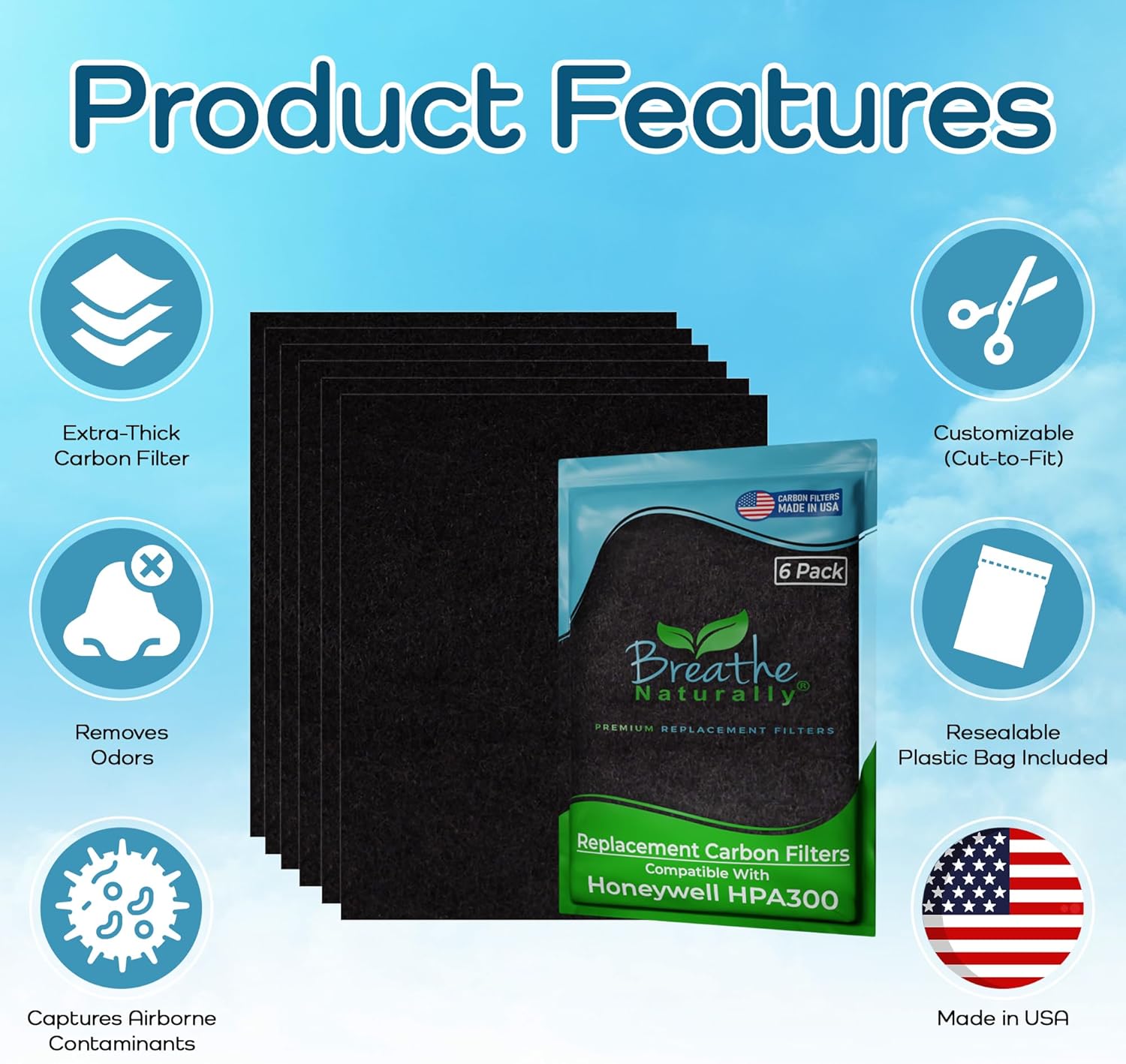 Breathe Naturally "R" Replacement Filters Compatible with Honeywell Air Purifier HPA300 or HRF-R3 Series - Activated Carbon Prefilter - Made in USA - 14"x17.2"x0.2" (Pack of 6 Carbon Prefilters)