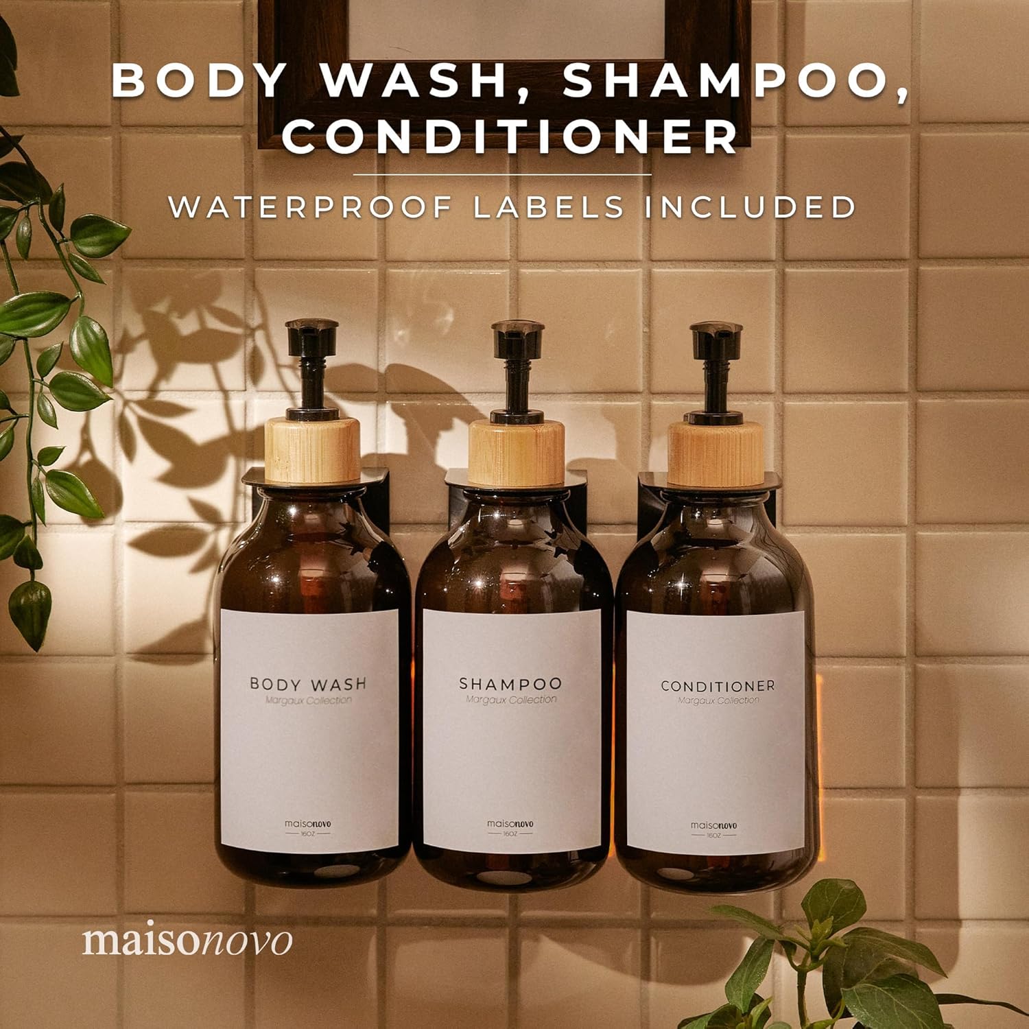 MaisoNovo Shampoo and Conditioner Dispenser - Shower Soap Dispenser Wall Mounted - 16.9 fl oz Set of 3 Amber Plastic Bottles Black Bamboo Pump - Shampoo Dispenser, Shower Dispenser 3 Chamber No Drill