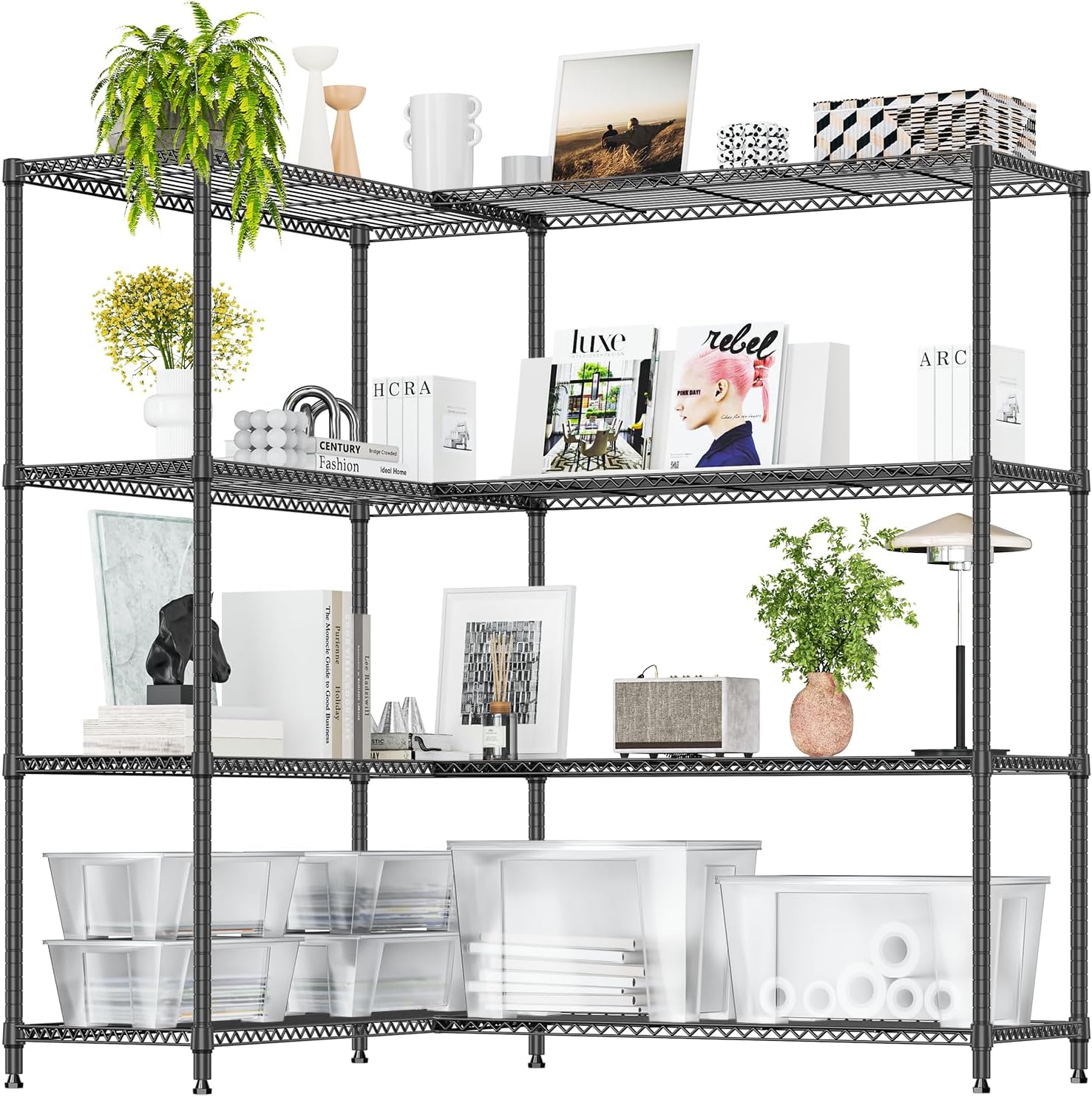IZEUK 1147 LBS Garage Shelving Wide Storage Shelves Metal Shelves Heavy Duty Adjustable Utility Shelf Rack (Black, 4 Tiers, 15.7" D x 33.5" W x 59.5" H)