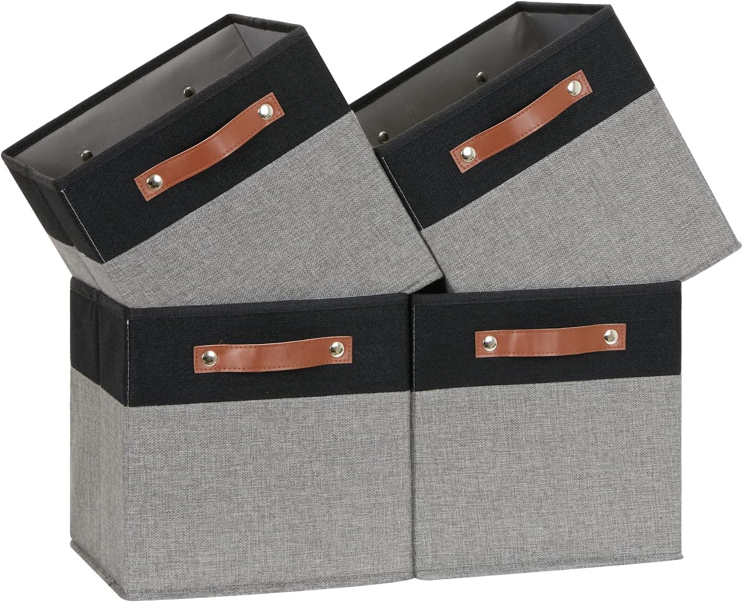 Temary 11 x 11 Cube Storage Bins Fabric Storage Cubes for Shelf, Closet, 4 Pack Cube Basket for Clothes, Storage Cube Bins with Leather Handles(Black&Grey)
