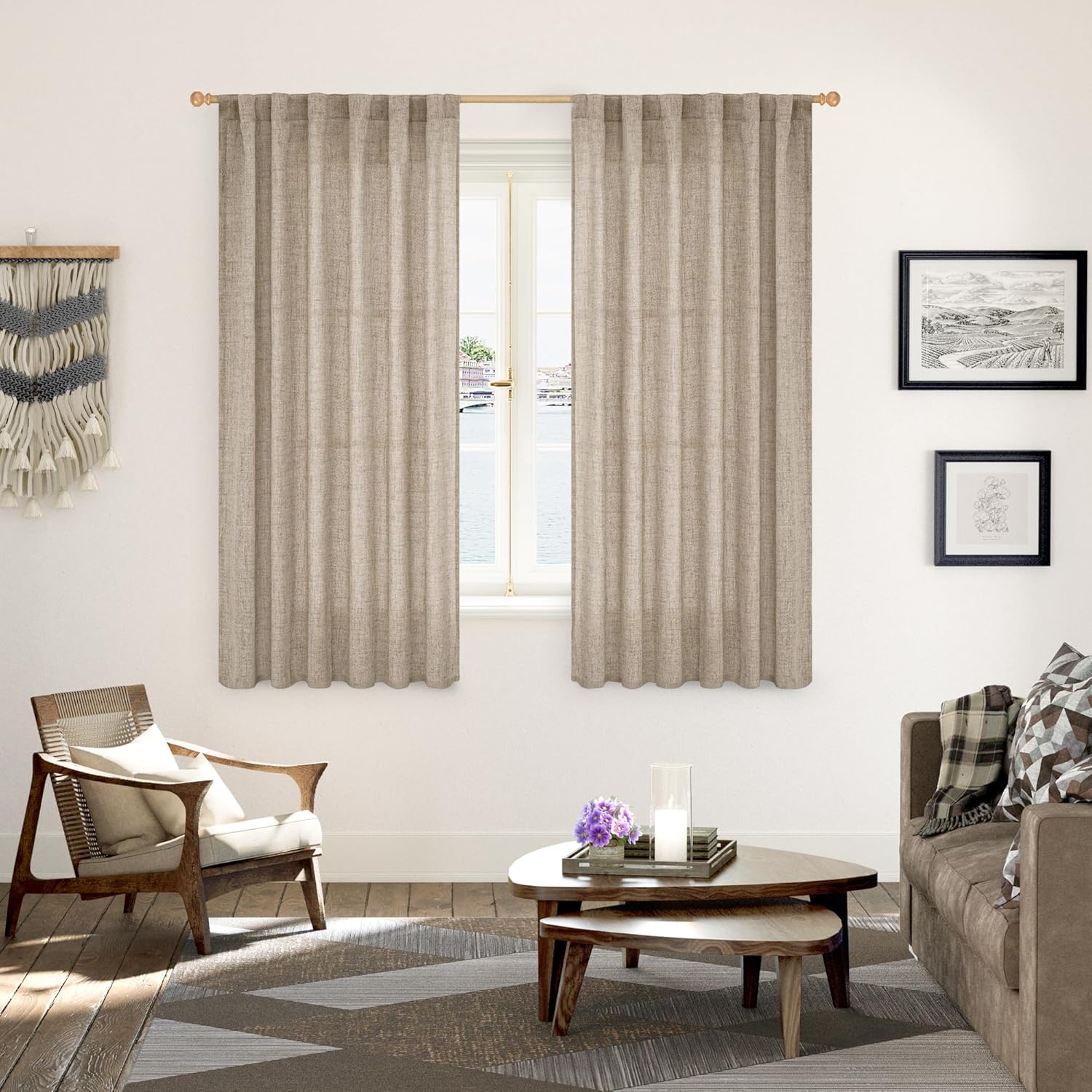 YoungsTex Dark Oatmeal Curtains 63 Inches Long for Living Room Window, Linen Semi Sheer Drapes Light Filtering with Rod Pocket Back Tab for Bedroom Farmhouse Rustic Privacy, 2 Panels, 52 X 63 Inch