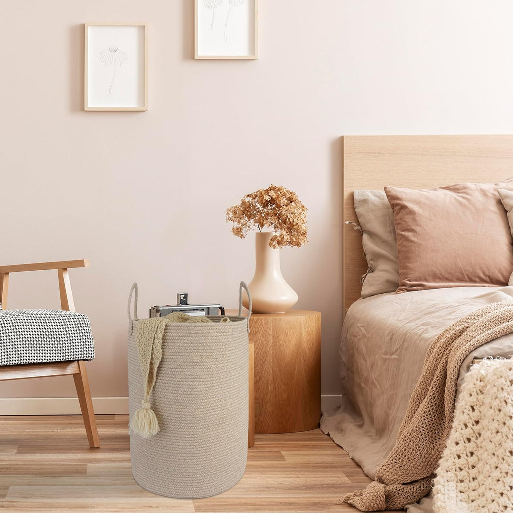 Cotton Rope Laundry Basket Hamper for Clothes Woven Storage Basket for Living Room Bedroom Boho Tall Rope Baskets for Blanket Toys Pillow Towels Baby Nursery Hamper Bin Large oatmeal