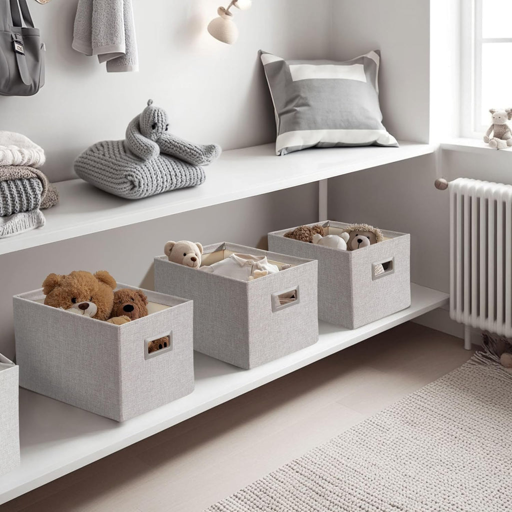 DECOMOMO Storage Bins for Shelves Robust Fabric Closet Bins for Shelves Toy Storage Clothes Books (Pack of 3 – Light Grey)