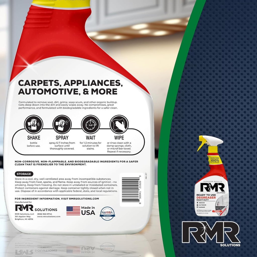 RMR Degreaser and Cleaner - Ready to Use Indoor/Outdoor Formula Works on Contact, For Heavy-Duty Cooking Surfaces, Indoor, Outdoor, Automotive, and Equipment Cleaning, 30 Fluid Ounce