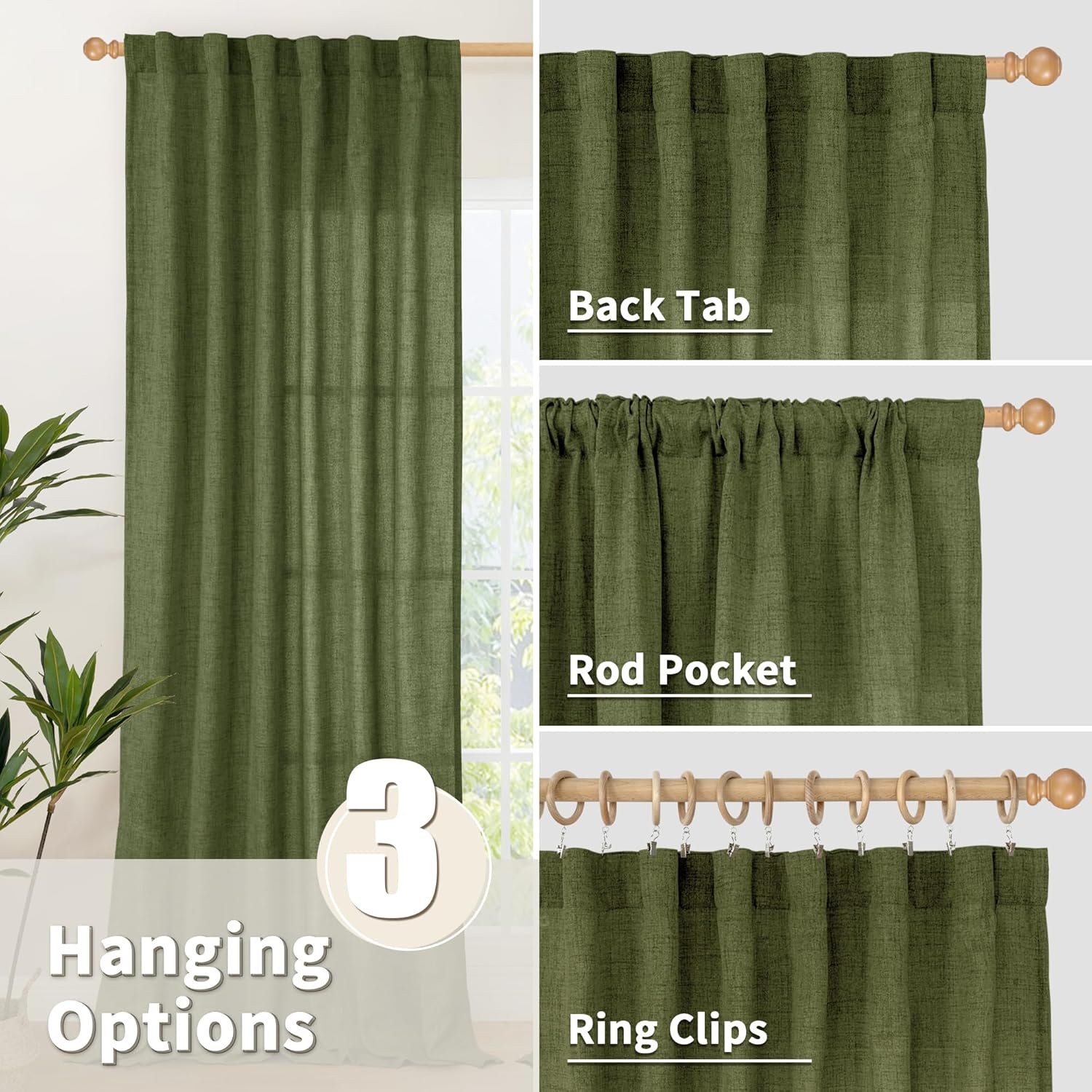 YoungsTex Olive Green Linen Curtains for Living Room 72 Inch Length, Light Filtering Rod Pocket Window Drapes Back Tab for Office Bedroom Farmhouse Lightweight, 2 Panels, 42 X 72 Inch