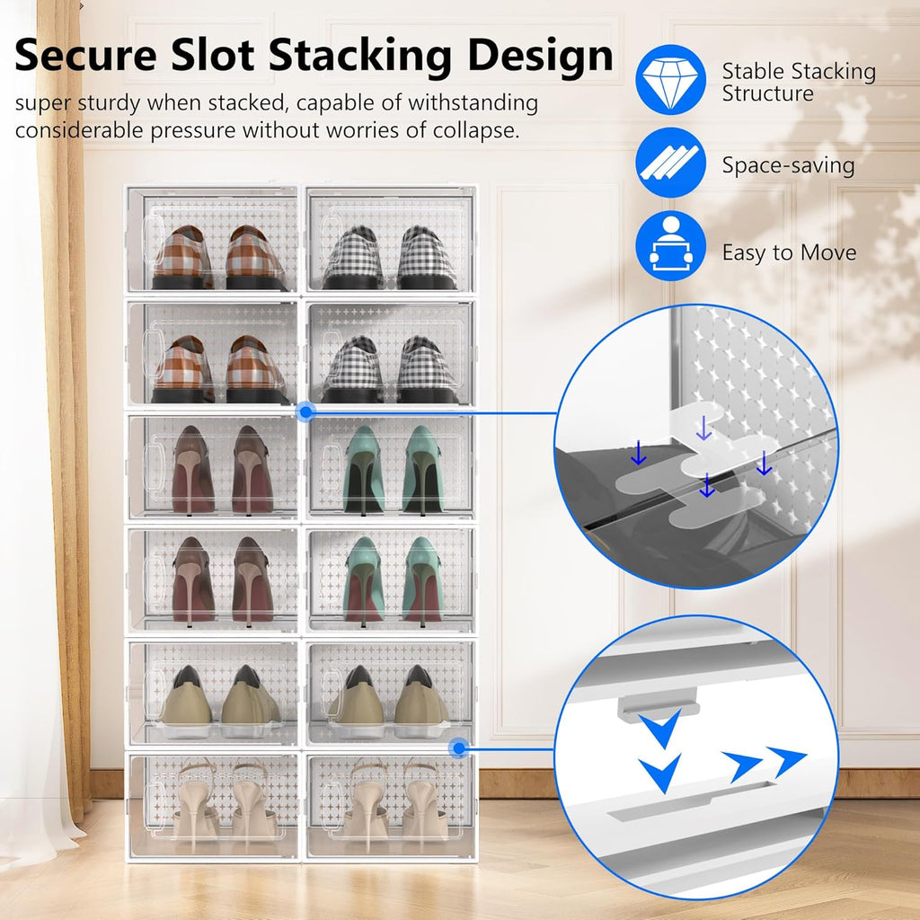 12 Pack Large Modular Clear Plastic Stackable Shoe Storage Organizer for Closet, Space Saving Versatile Sneaker Shoe Rack Containers Bins Holders, Portable Closet Organizers and Storage, White