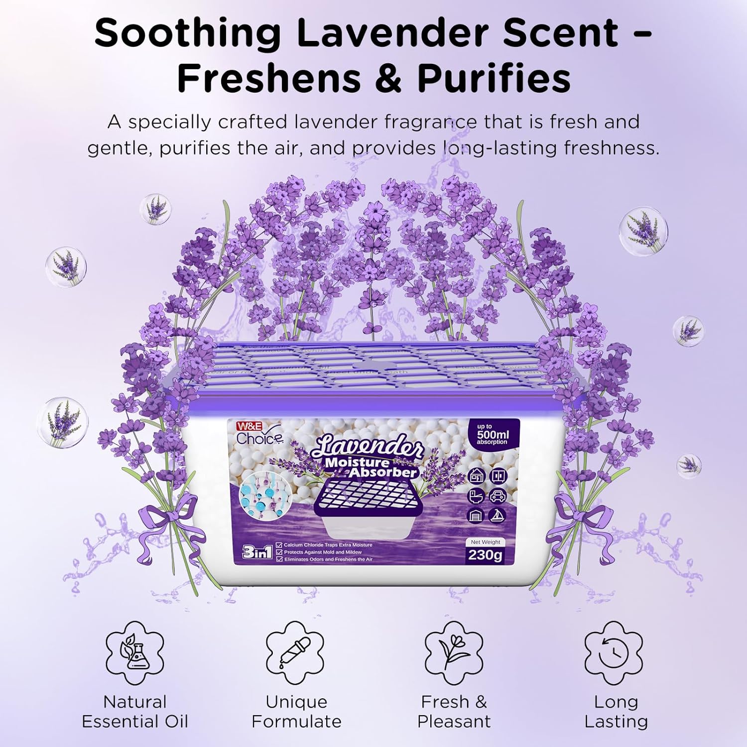 W&E Choice Moisture Absorbers with Lavender Scent, Portable Dehumidifier for Closet & Bathrooms, Kitchen, Humidity Absorber Odor Eliminator Absorber, 12Pack