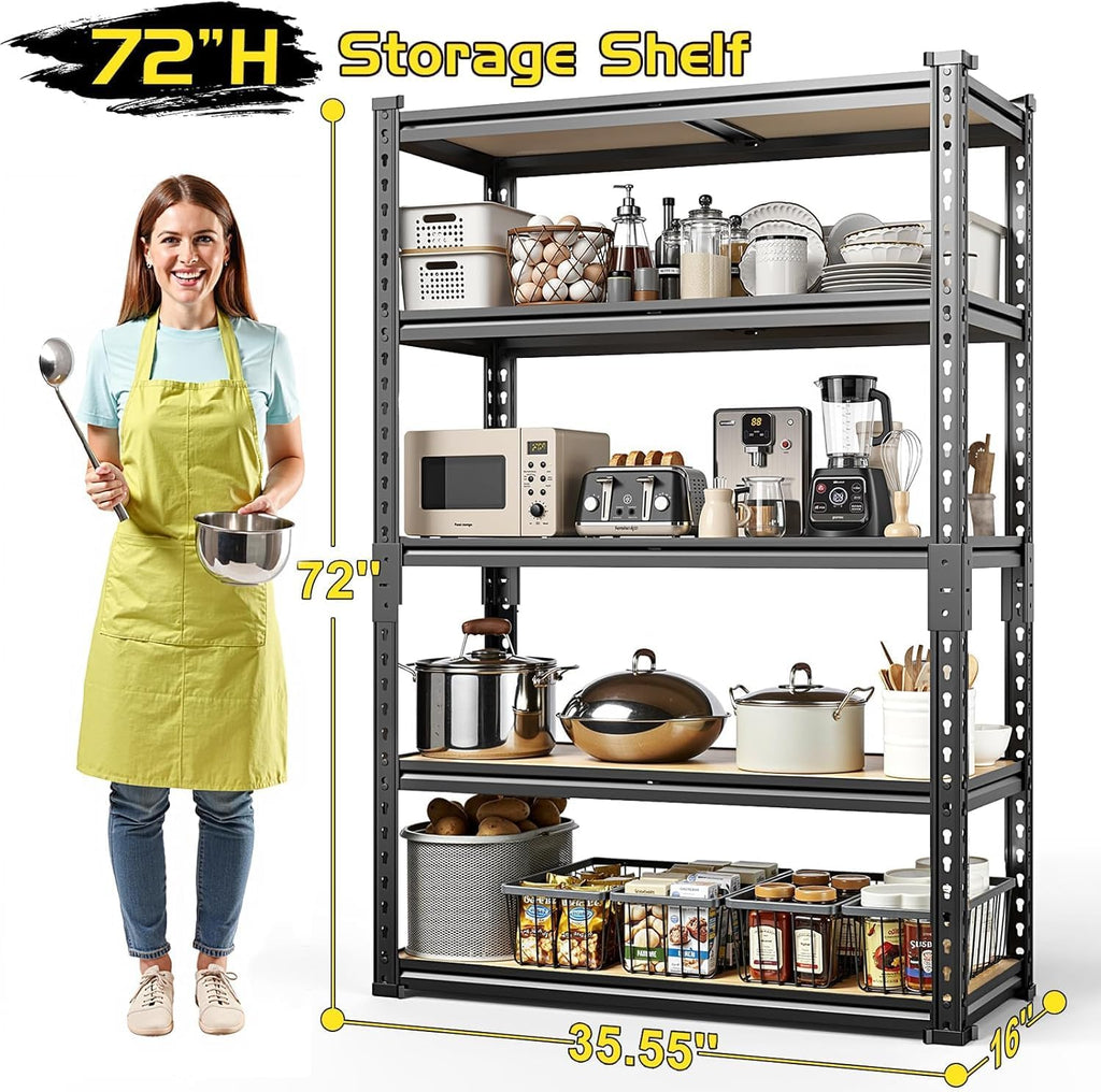 TigerParty 2050LBS Heavy Duty Garage Shelving, 5-Tier Adjustable Storage Shelves, Metal Shelving Unit and Storage Rack for Pantry, Basement, Warehouse, 72" H x 36" W x 16" D, MDF Borad