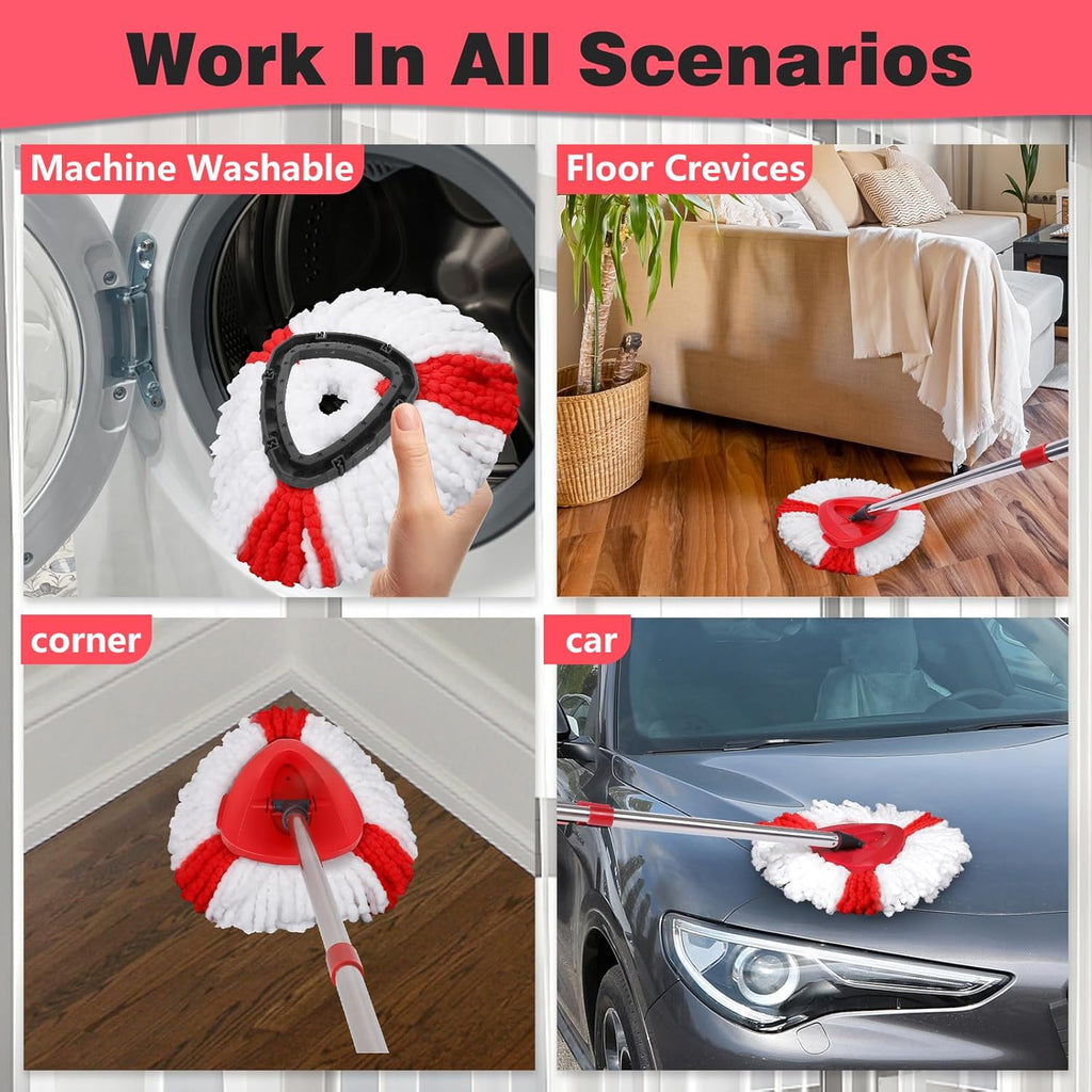 Mop Heads Replacements Complete Combo for O-Ceda,4 Pcs Red Machine Washable Microfiber Spin Mop Refills Replace Heads,1 Scrub Brushs,1 Base,1 Set Handle,Spin Mop Replacements for Tub and Tile Cleaning