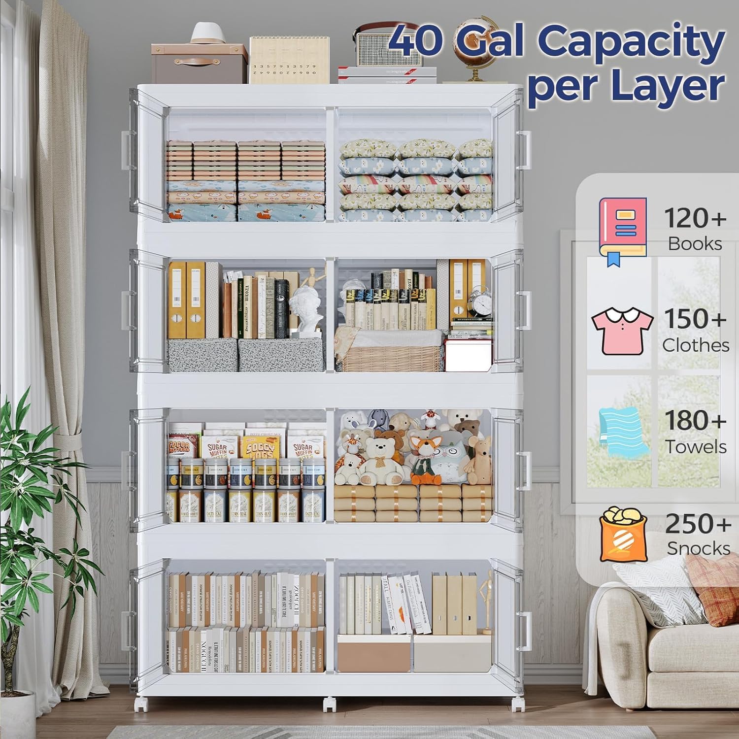200GAL Storage Bins with Lid and Wheels, Stackable Closet Organizers and Storage Drawer, Collapsible Storage Box with Dividers, Foldable Plastic Cabinets Cubes Totes for Garage, 5 Pack White