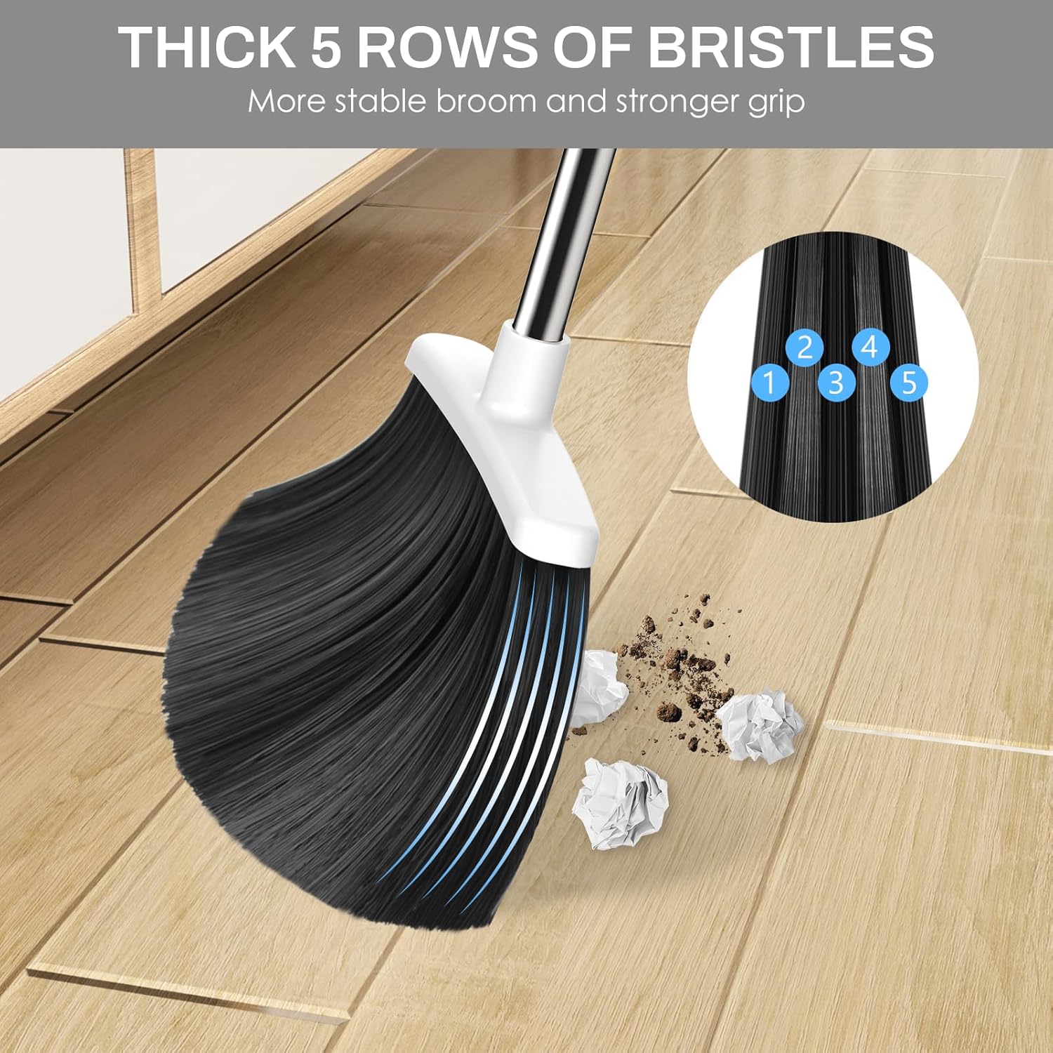 Broom and Dustpan Set for Home, 51-in Long Adjustable Handle Angle Broom and Dustpan Combo Set with Dust Pan Teeth to Clean Hair for Home Kitchen Office Lobby Floor Garden (Black&White)