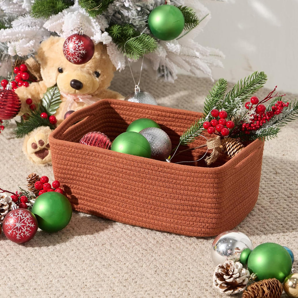 Small Storage Baskets for Organizing | Closet Organizer Bins | Shelf Toy Basket | Woven Rope Baskets | Cube Decorative Box | Shallow Basket | 13x8.5x5.1” | 3 Packs Oxide Red