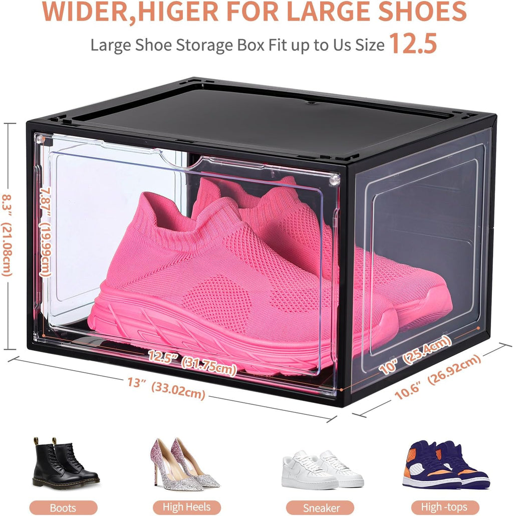 12 Pack Black Shoe Boxes Stackable,Large Shoe Storage Organizer with Magnetic Door,Drop Side Shoe Containers for Entryway,Sneaker Storage Fit up to US Size 12 for Men/Women(13’’x 10.62”x 8.26”