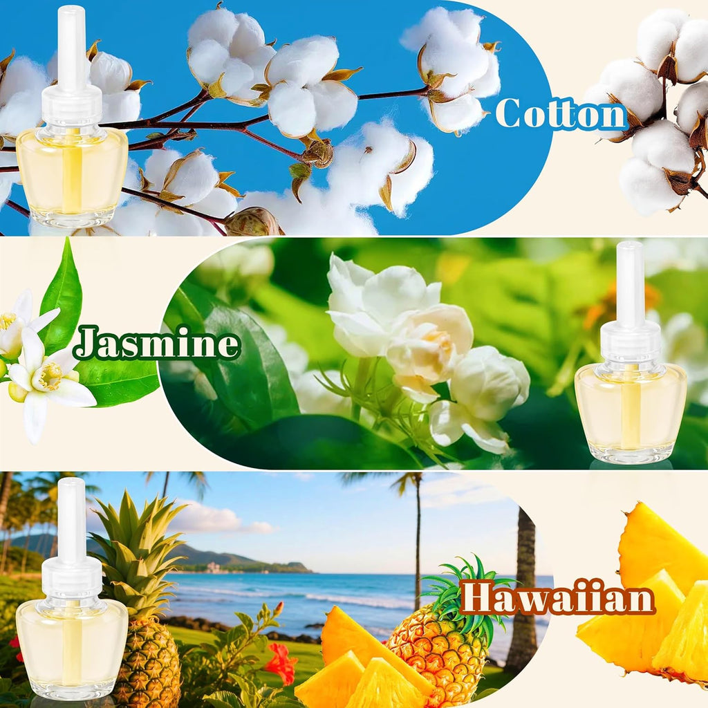 Plug-in Air Freshener Starter Kit, 1 Warmer and 9 Essential Oil Refills, Hawaiian, Jasmine, Cotton Scents for Home, Bathroom and Office, Compatible with Air Wick,Compatible with Glade
