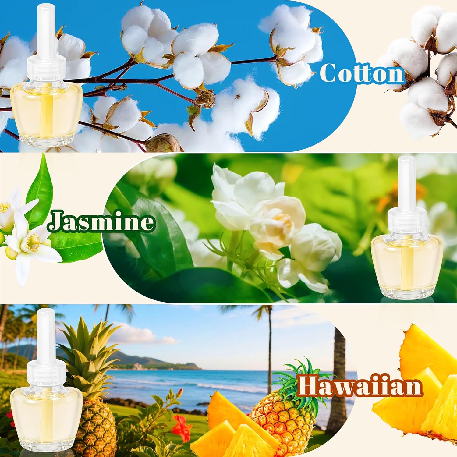 Plug-in Air Freshener Starter Kit, 1 Warmer and 9 Essential Oil Refills, Hawaiian, Jasmine, Cotton Scents for Home, Bathroom and Office, Compatible with Air Wick,Compatible with Glade