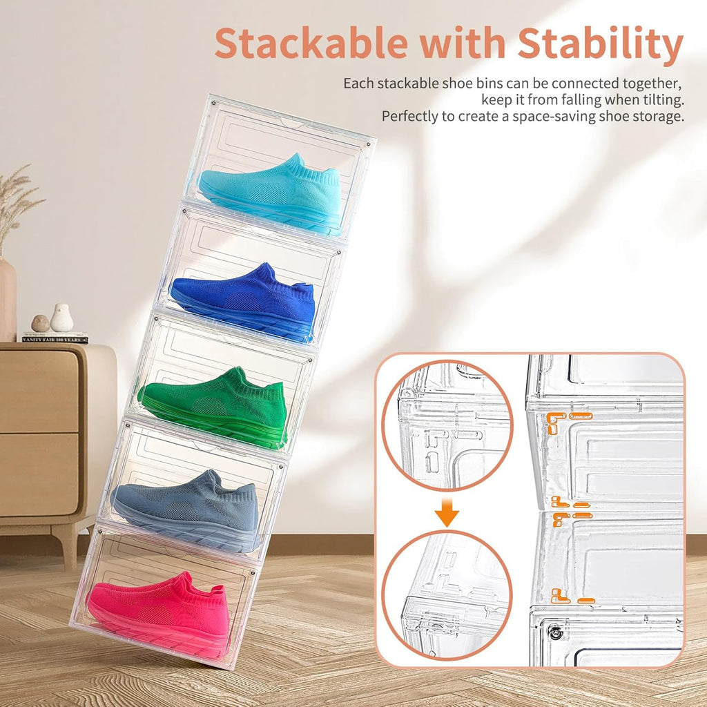 12 Pack Clear Shoe Boxes Stackable,Large Shoe Storage Organizer with Magnetic Door,Drop Side Shoe Containers for Entryway,Sneaker Storage Fit up to US Size 12 for Men/Women