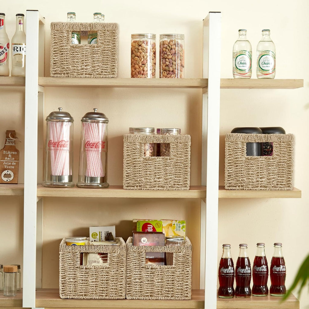 Seagrass Wicker Basket, Decorative Woven Baskets with Built-in Handles, Hand-woven Storage Organizer for Organizing Pantry, Shelves, Laundry, Livingroom, Bedroom, Toilet(2-PACK, Natural)