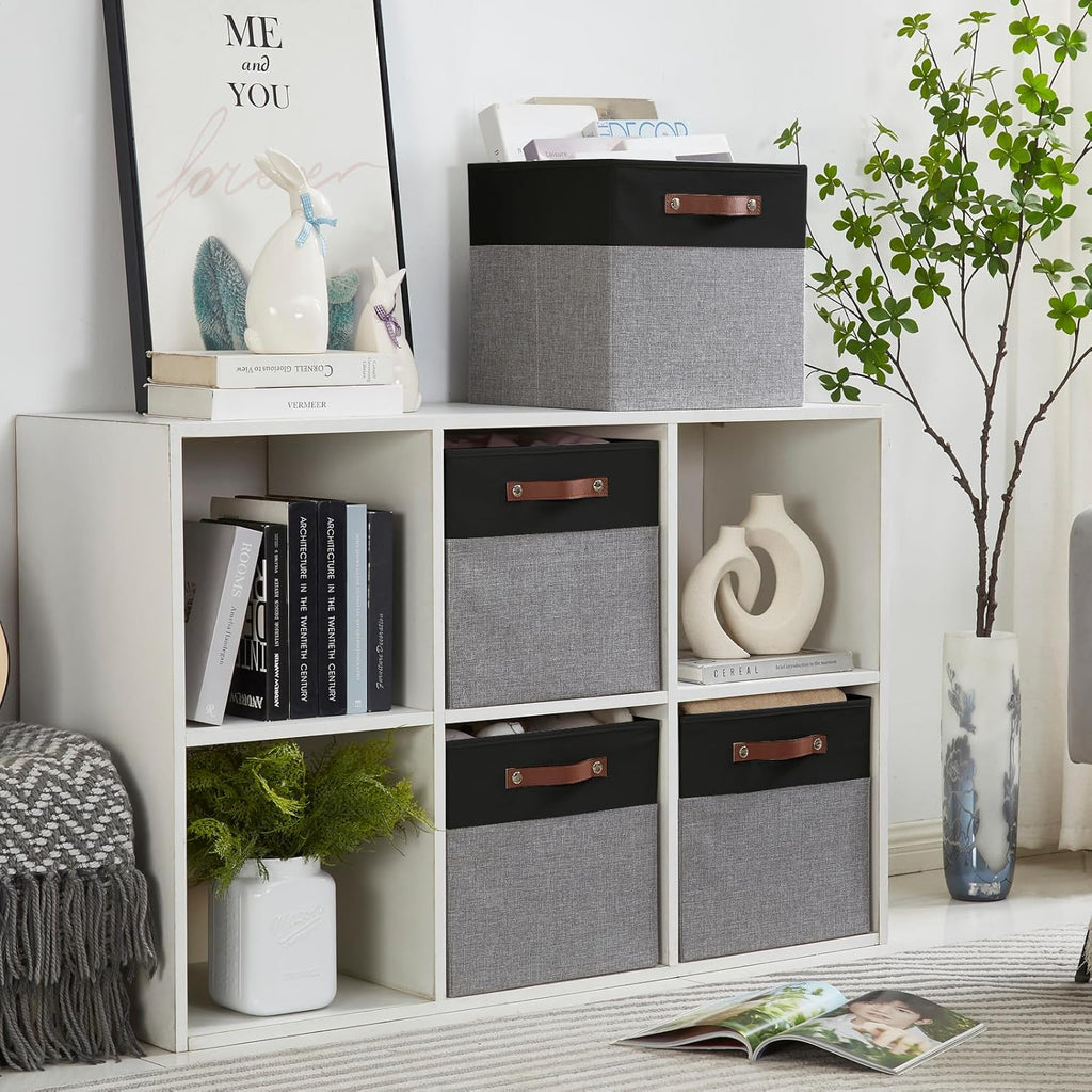 Collapsible Fabric Storage Cube Bins with 2 Reinforced PU Handles, Foldable Storage Organizer Baskets for Closet, Shelves, Living Room | 13"x13"x13", 4 Pack, Black & Gray