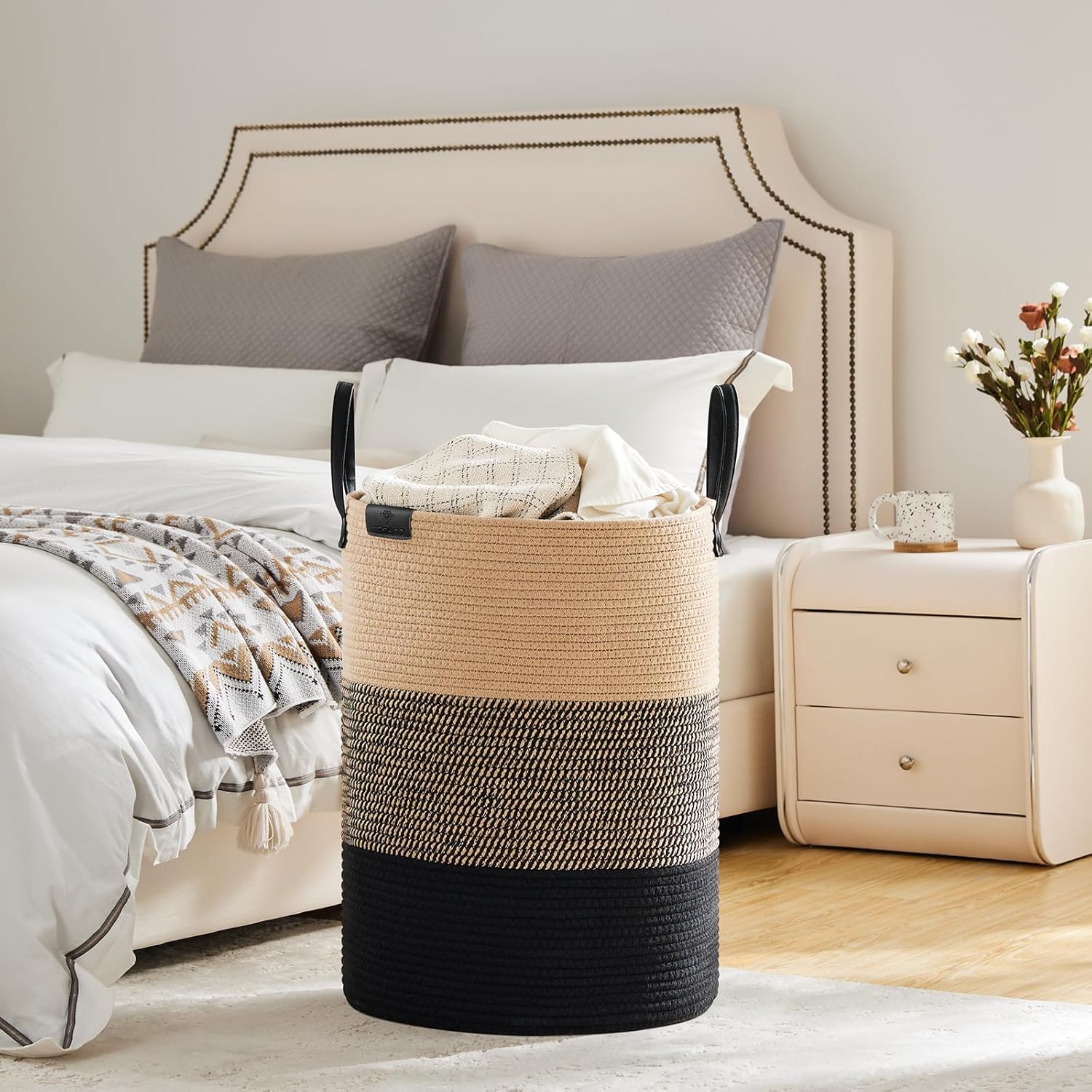 VIPOSCO Tall Laundry Basket, Large Dirty Clothes Hamper with Leather Handle, Woven Rope Storage Basket for Blanket, Toy In Living Room, Bathroom, Bedroom - 100L Brown & Black
