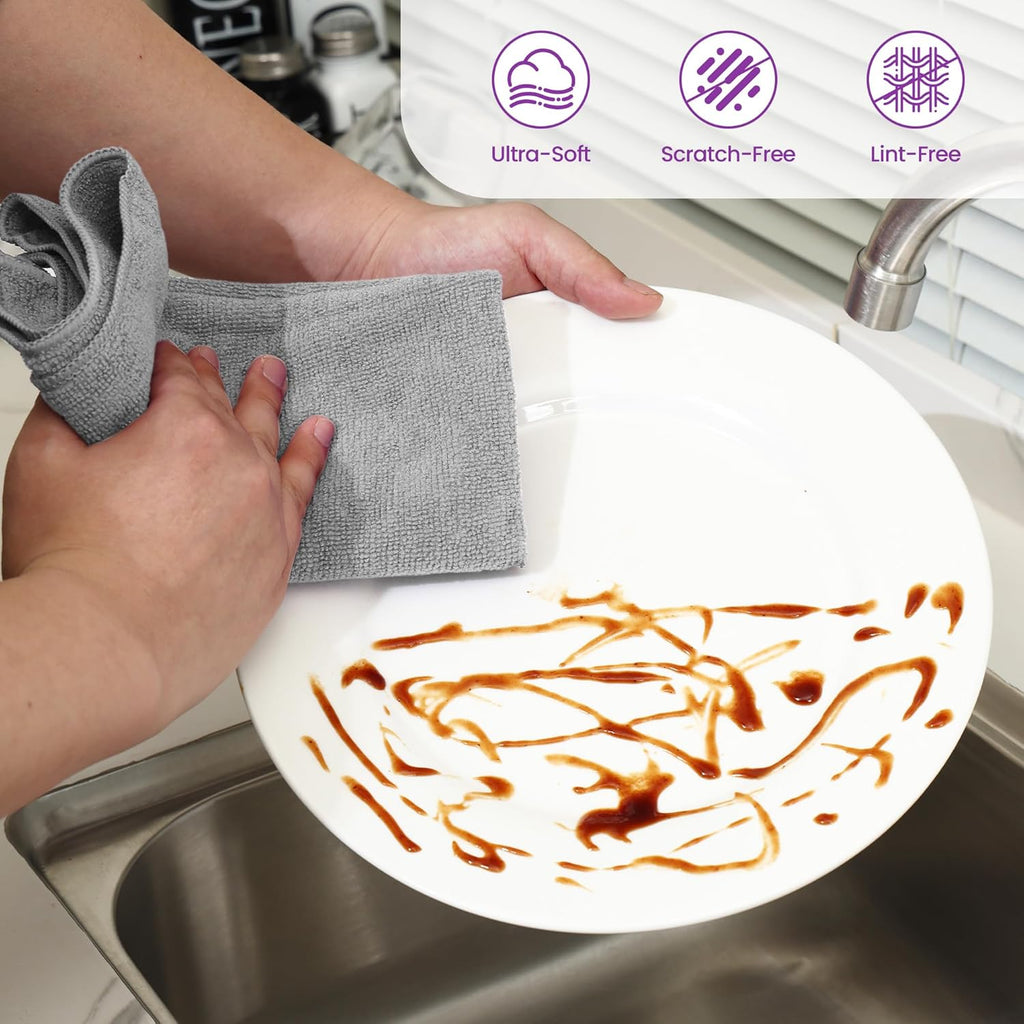 Microfiber Cleaning Cloths - 12 Pack, Grey, 12.2" x 12.2", Lint-Free, Streak-Free, Absorbent, Multi-Purpose, Heavy-Duty, Durable, Easy to Clean