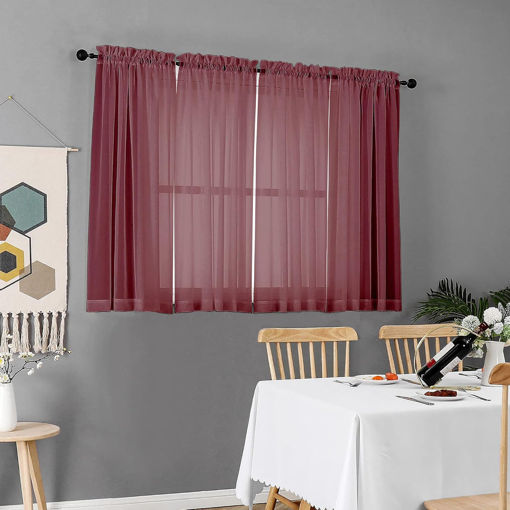 Chyhomenyc Short Sheer Curtains 45 Inches Length 2 Pieces, Light Filtering Soft Voile Curtains Drapes for Half Window/Bedroom/Bathroom/Living Room, Burgundy