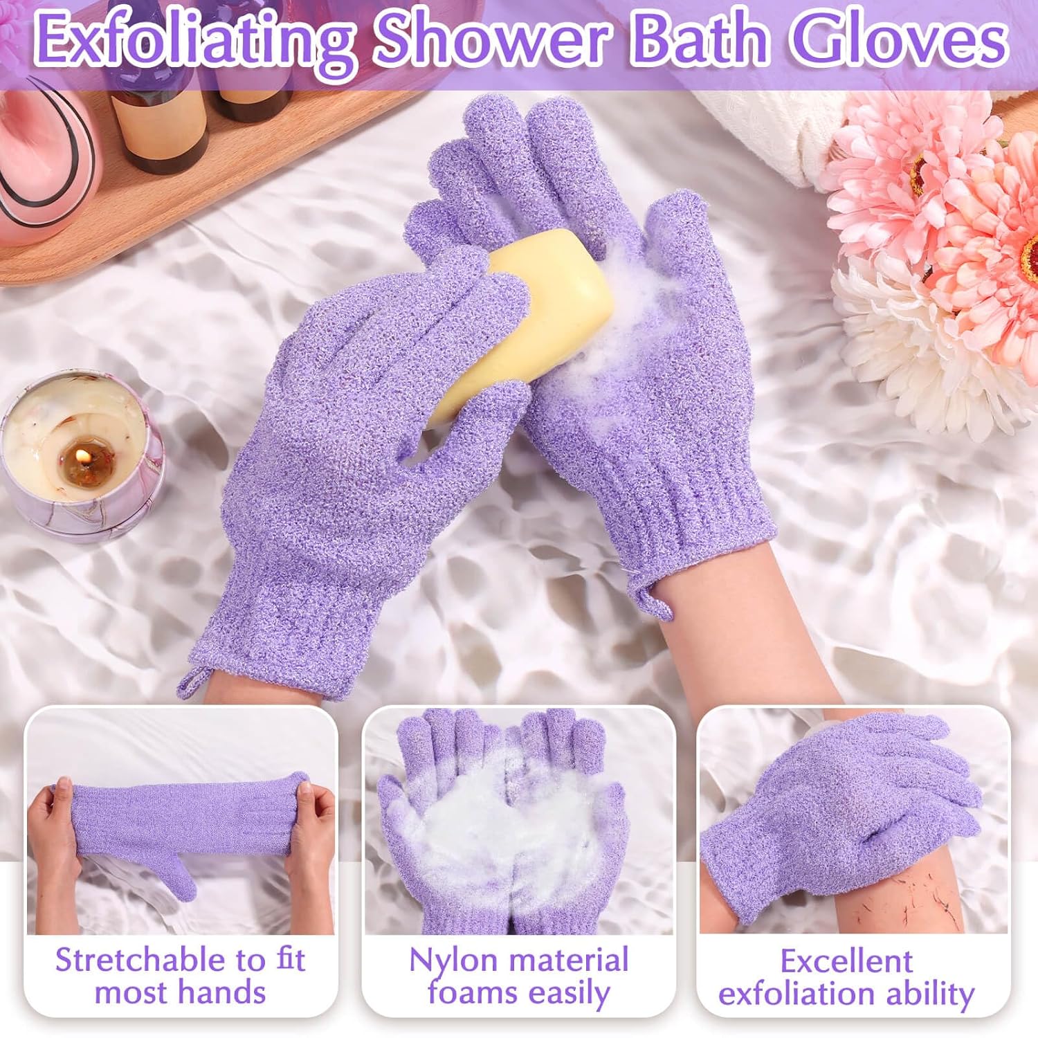 Anezus Exfoliating Back Scrubber Bath Gloves Set, Exfoliating Shower Towel with Shower Gloves for Body Scrub, Back Cleaner Wash Gloves to Remove Dead Skin (Purple)