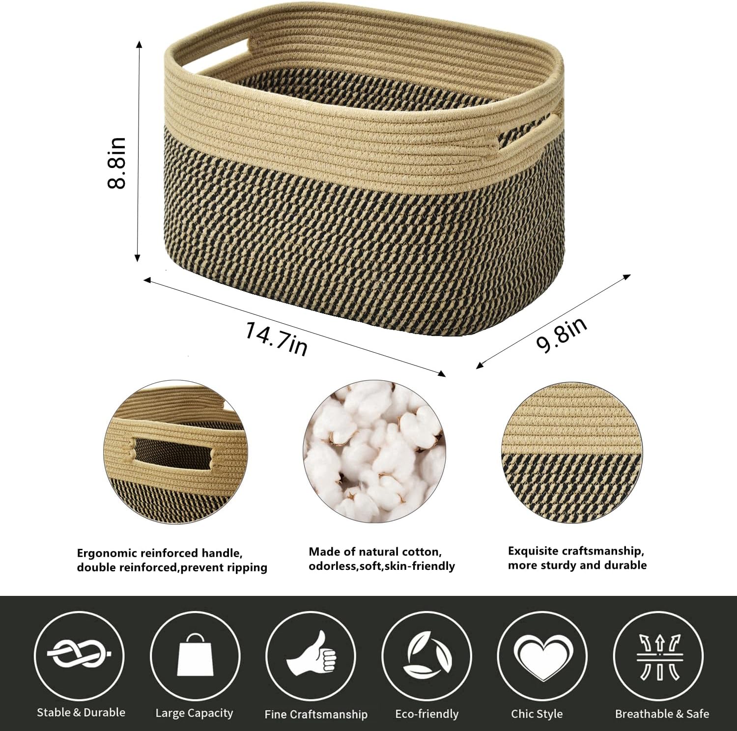 Storage Basket,Woven Baskets for Storage,Cotton Rope Baskets for Organizing,book,towel Basket,Toy Basket or Storage Bins - 3 Pack,Black and Brown