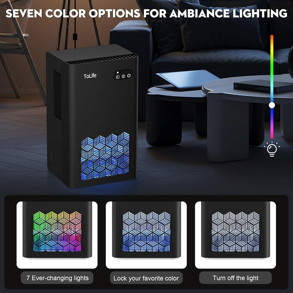ToLife Dehumidifier for Home, 1000 sq.ft Dehumidifiers for Basement Bedroom Bathroom with 95 OZ Water Tank, Auto Shut Off 7 Colors LED Light, Black
