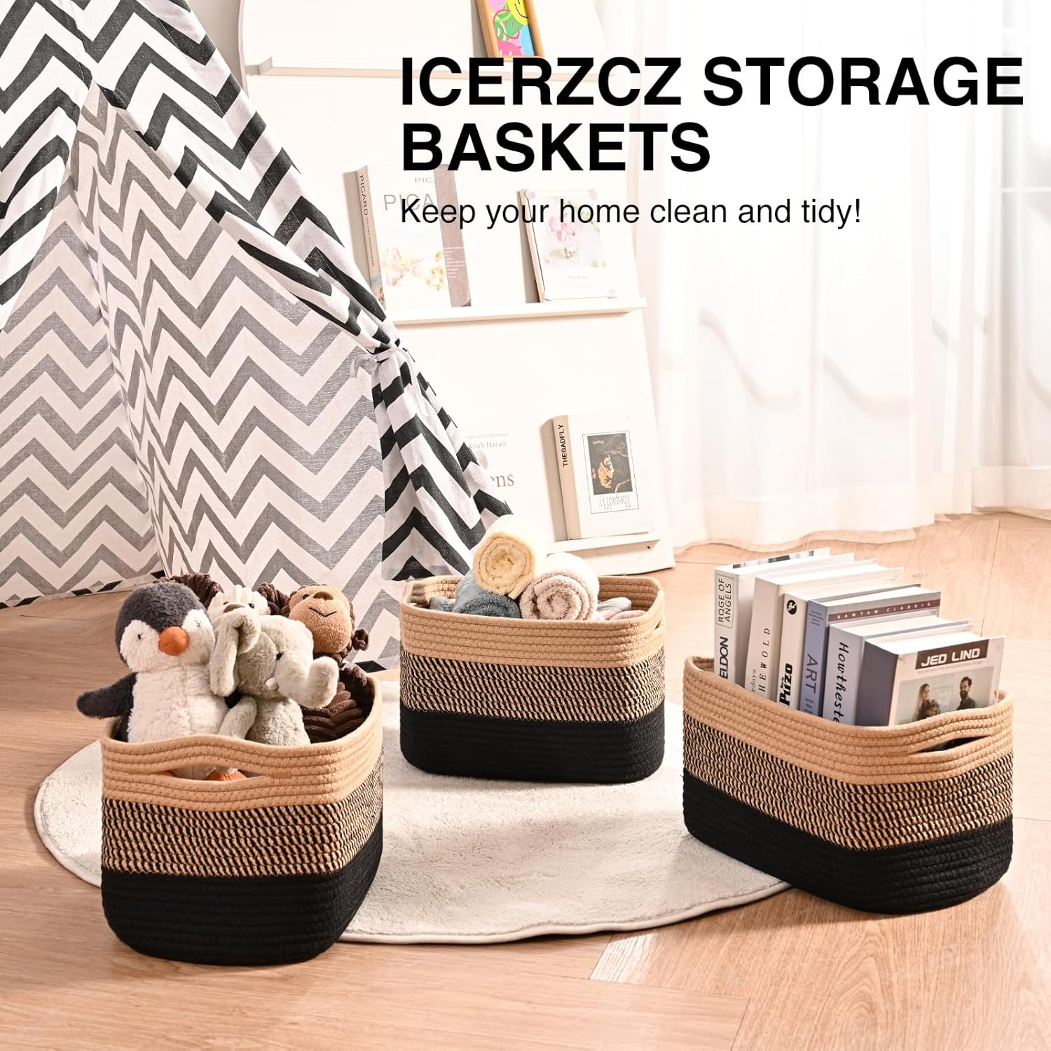 Storage Baskets for Shelves Organizing, Woven Cotton Rope Baskets for Storage, Book Basket, Towel Basket, 12.5"Lx9.1''Wx7.9''H (4 Packs) Gradient Black & Jute