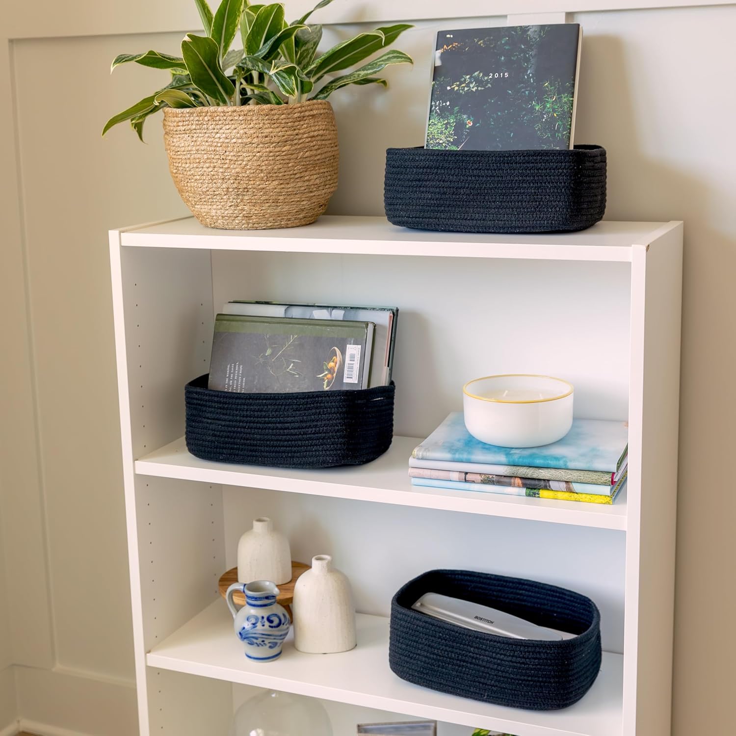 NaturalCozy 11.8"x8"x4.5” Rectangle Storage Baskets for Shelves 3 Pack | Cotton Rope Woven Small Baskets for Organizing | Small Storage Bins for Nursery, Bathroom, Closet, Shelf, Decorative, Gift