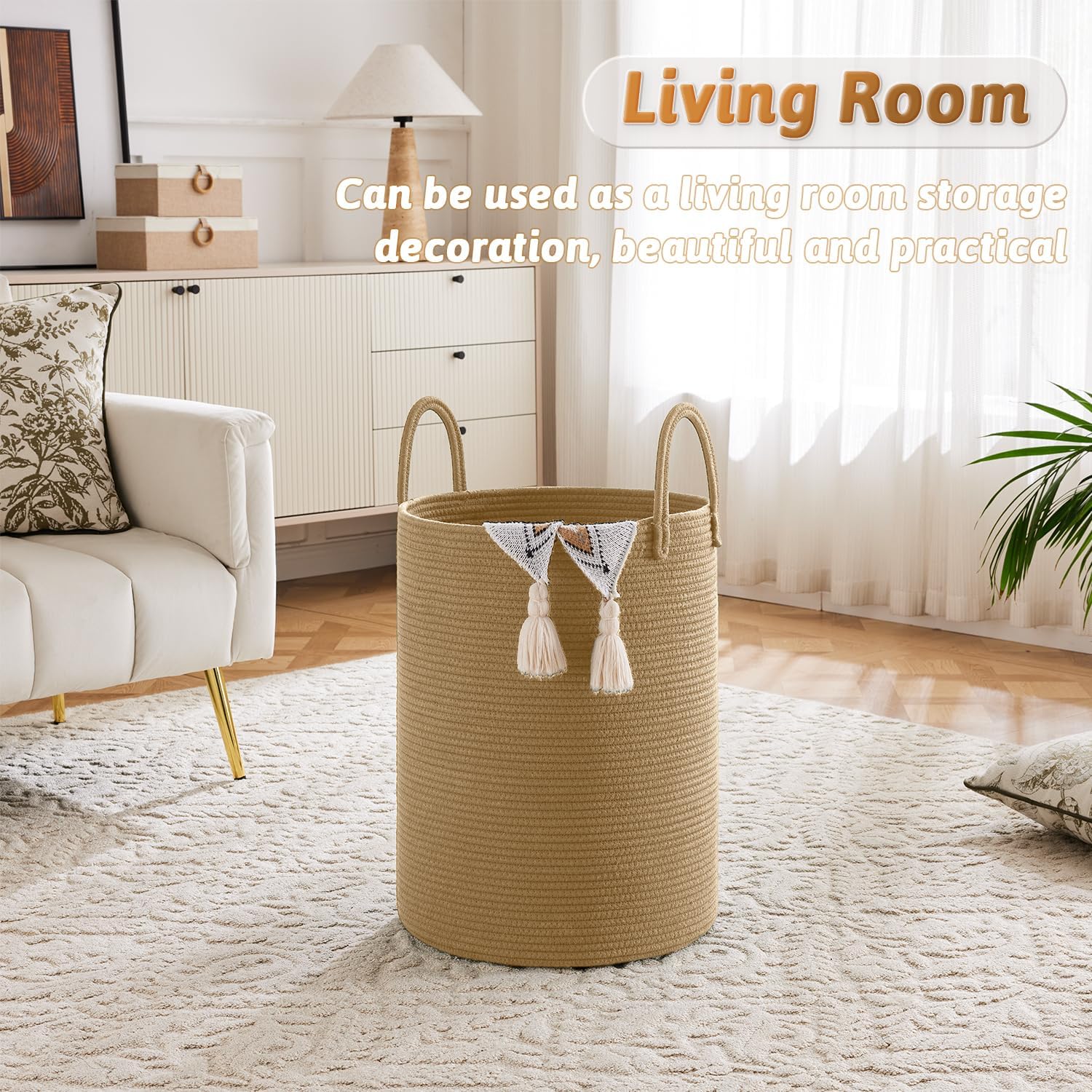 Laundry Basket,Woven Cotton Rope Laundry Hamper,100L for Decorative Storage of Dirty Clothes,Toys and Blankets in Bathroom,Baby Room and Living Room