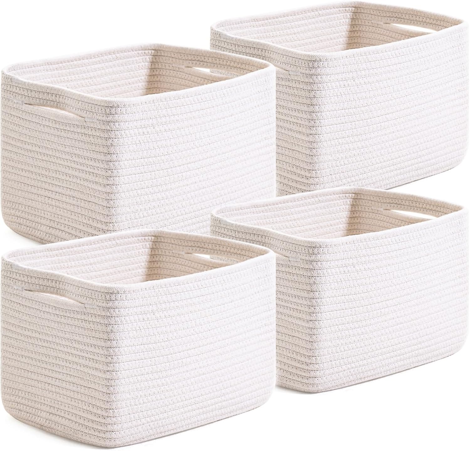White Storage Baskets for Organizing, Woven Storage Baskets for Shelves, Cotton Rope Basket for Storage, Cute Rectangular Book Toy Basket, 12.7"×9.1"×7.9", 4 Packs, Off White