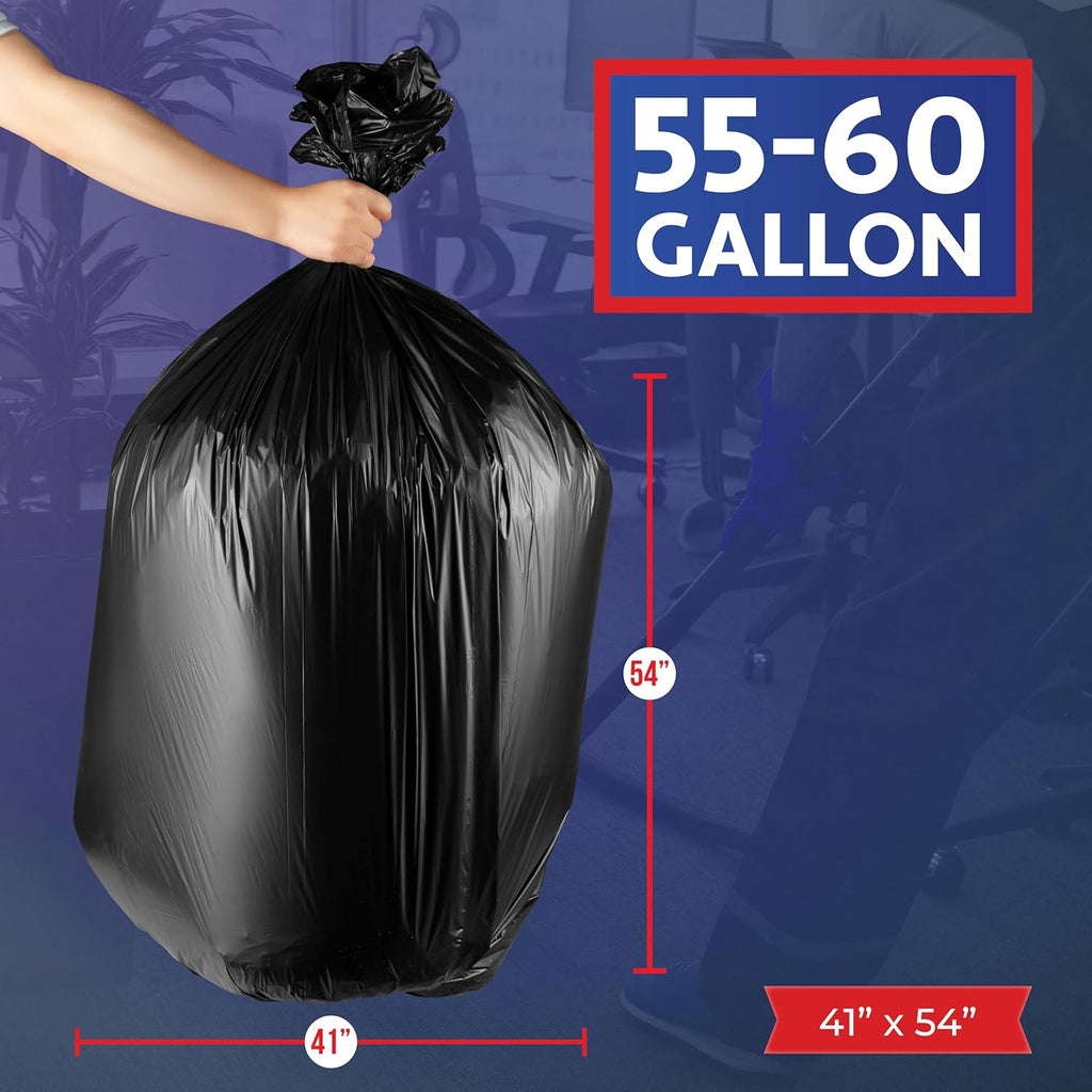 55-60 Gallon Trash Bags Heavy Duty - Bulk 150 Pack Large Garbage Bags - Big Black Commercial Trash Can Liners - Made In USA