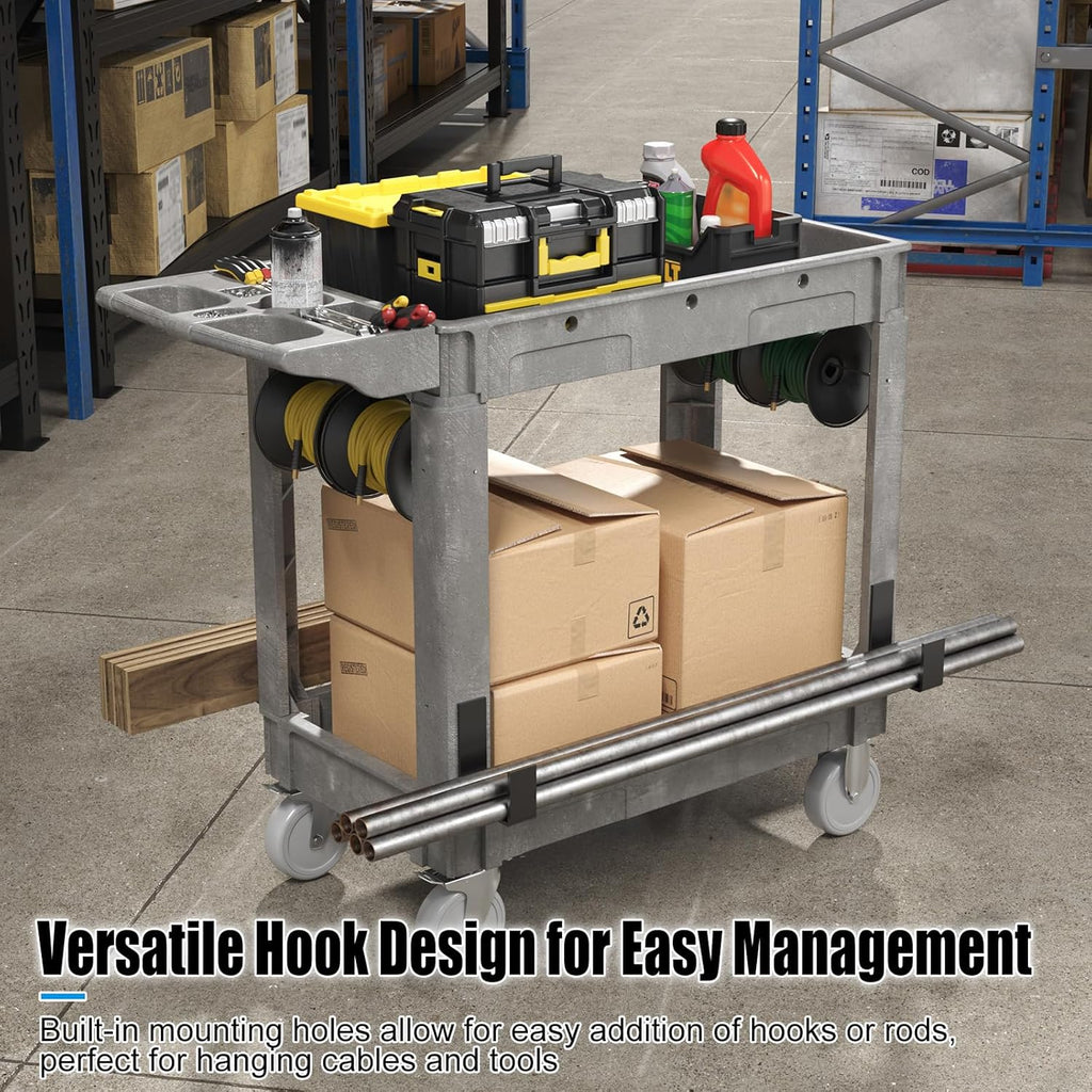 Heavy Duty Rolling Utility Cart with Wheels 2-Tier Utility Plastic Service Work Cart for Shop, Garage, Warehouse, Maintenance 550 lbs