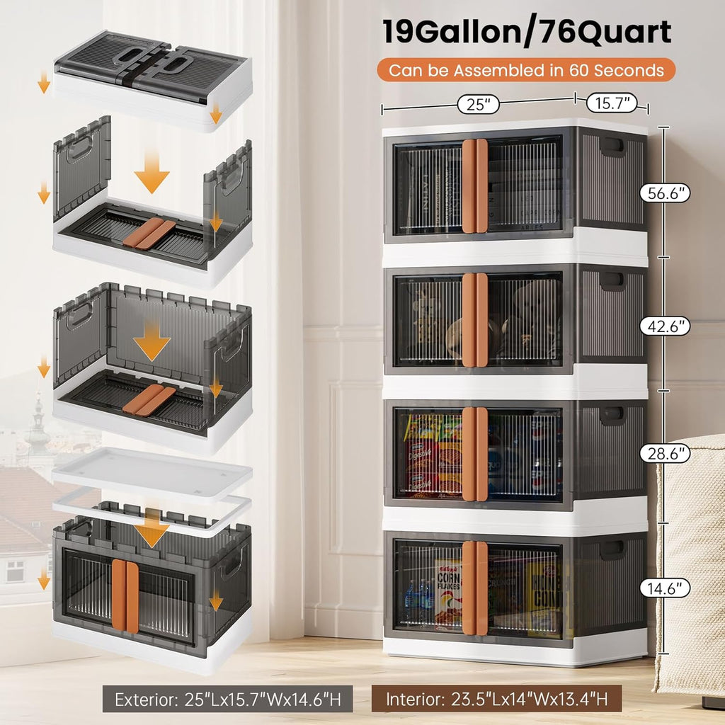 19Gal Collapsible Storage Bins with Lids & Wheels - 4 Pack Stackable with Doors, Heavy-Duty Plastic Containers for Home/Office, White