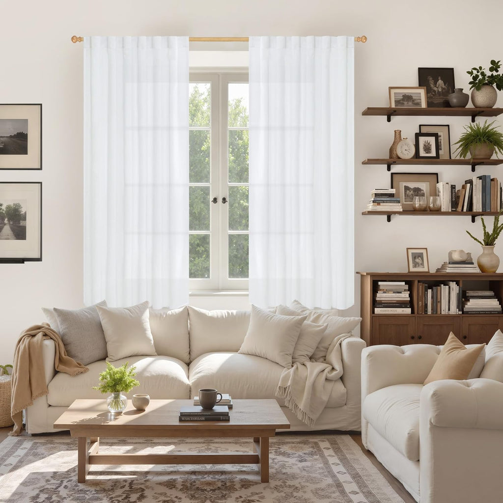 YoungsTex 63 Inch Length White Linen Curtains 2 Panels for Living Room, Light Filtering Drapes Semi Sheer with Rod Pocket Back Tab Lightweight for Bedroom, 52 X 63 Inch