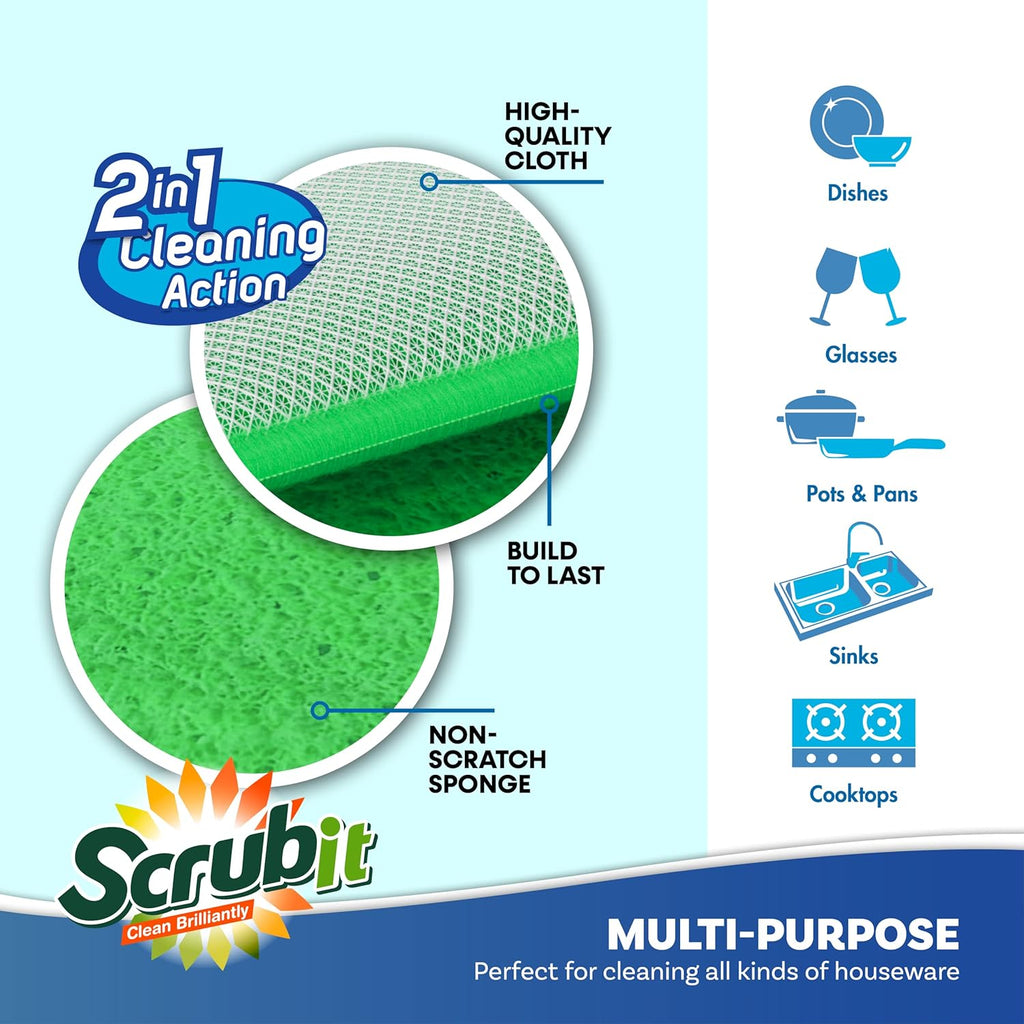 Scrub and Wipe Cleaning Pads [10 Pack] – SCRUBIT Dual Sided Scouring Pad and Sponge - Reusable Kitchen Scrubbing Sponges for Dishes, Pots, Pans Utensils & Non-Stick Cookware (Green)