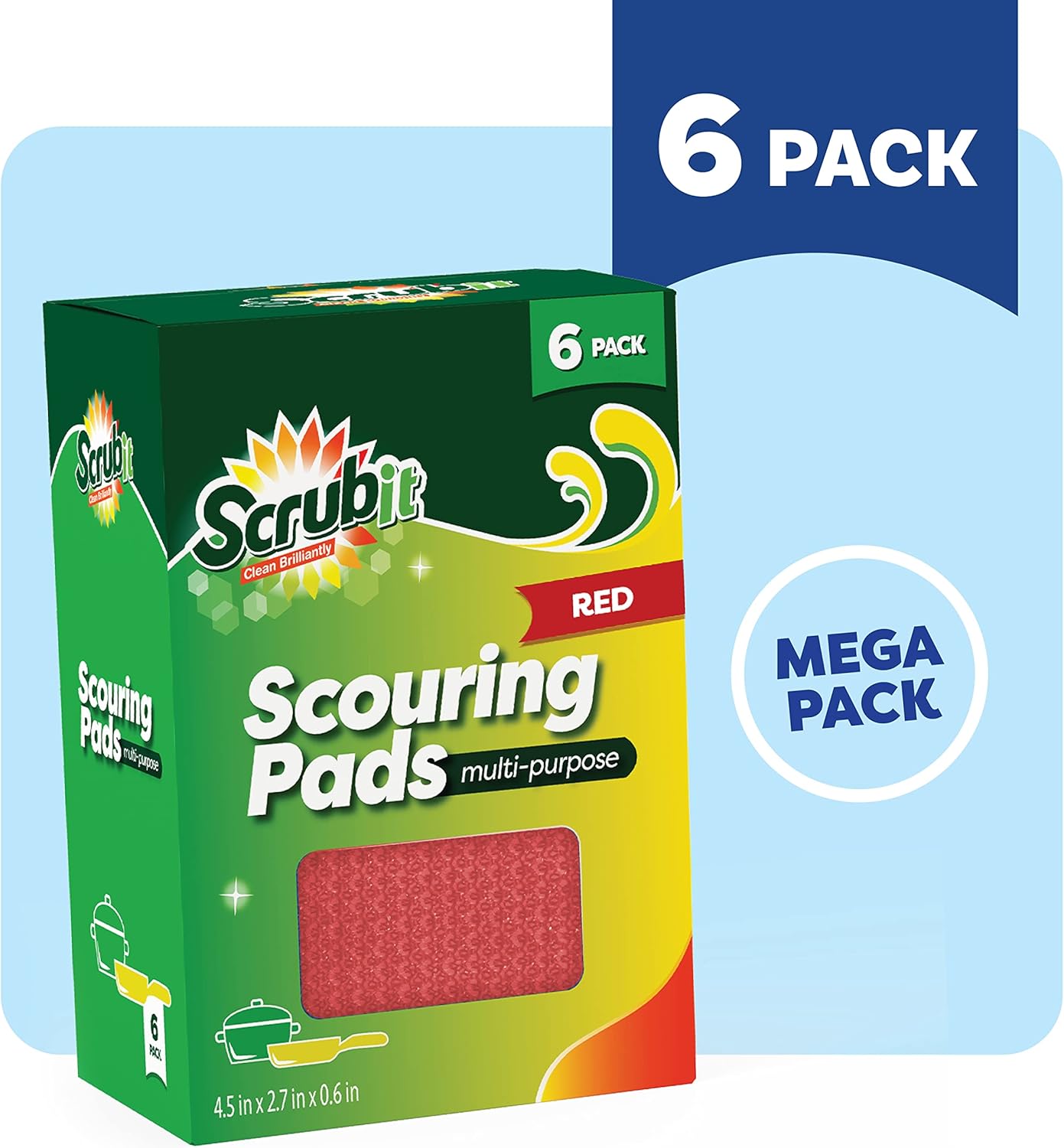 SCRUBIT Multi-Purpose Scouring Pad - Non-Scratch Cleaning Sponges for Pots, Pans, Dishes, Utensils & Non-Stick Cookware - Scrubbing Pads Use for Kitchen, Bathroom - 6 Pack Dish Sponge- (Red)